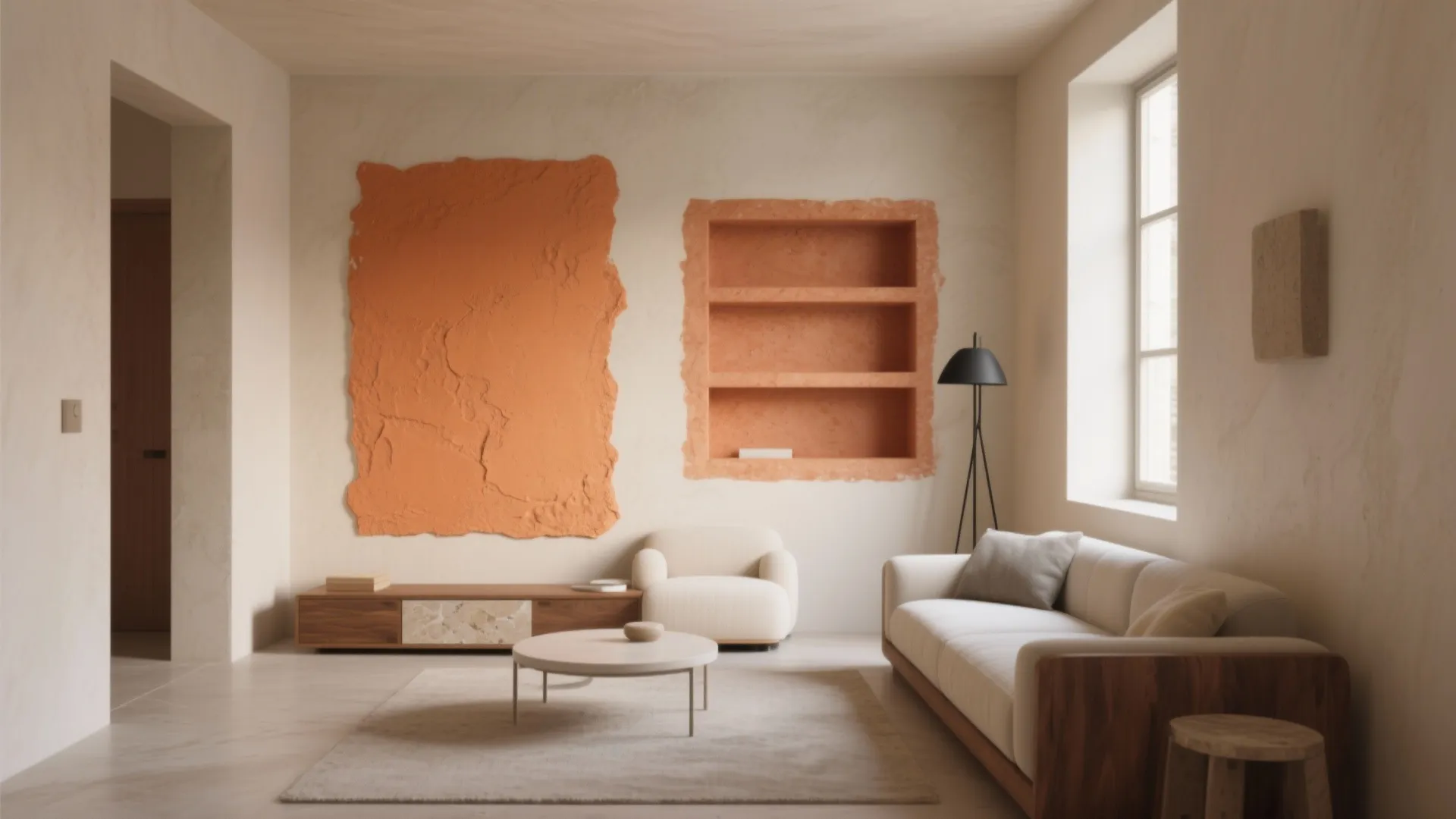 Modern living room with white sofa and round coffee table featuring orange textured wall design