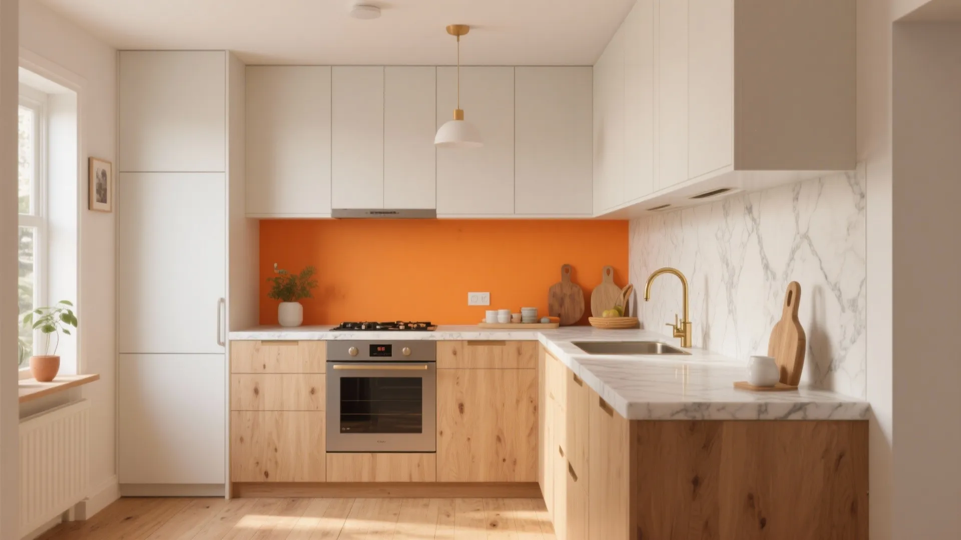 Modern kitchen with wood cabinets white upper cabinets orange wall backsplash marble countertop and silver oven