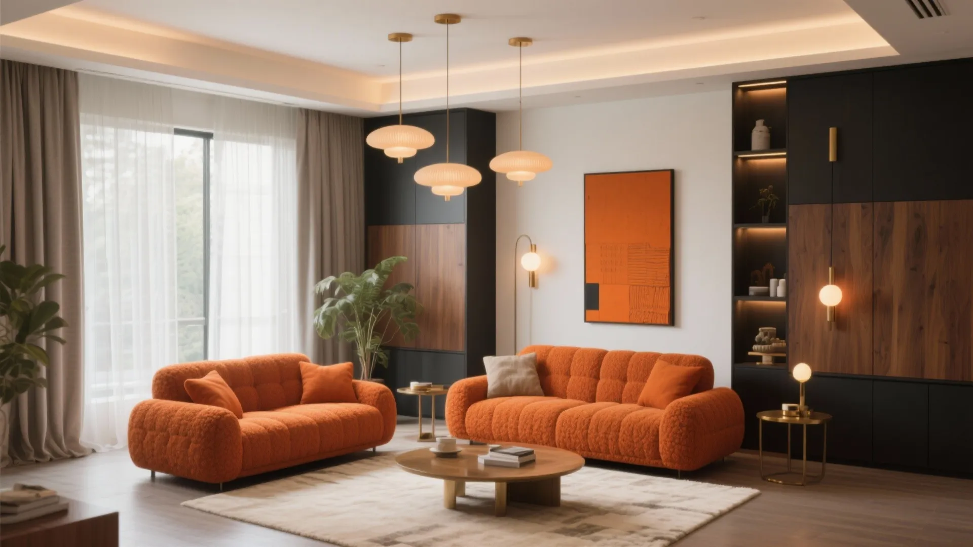 Modern living room featuring orange sofas round coffee table ceiling lights and wooden wall storage