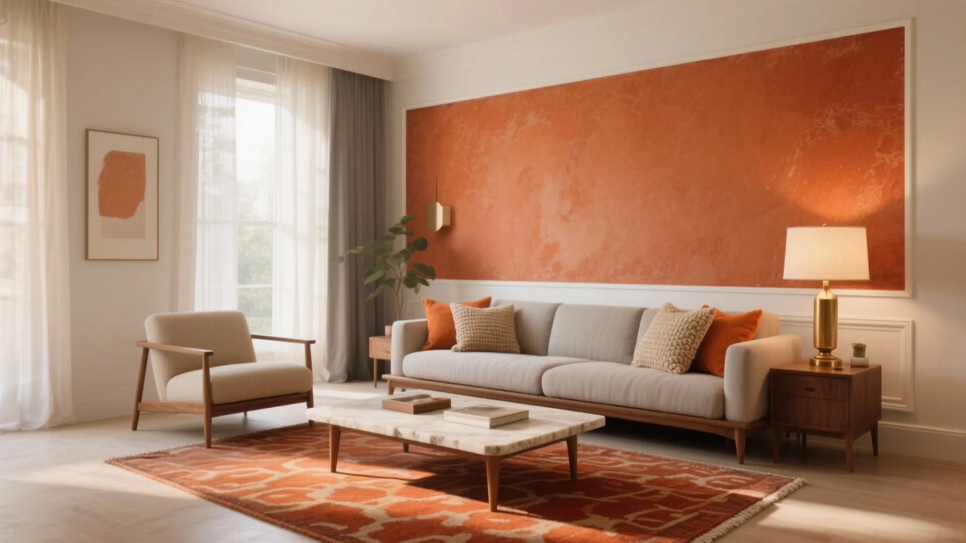 Modern living room with orange wall panel grey sofa patterned rug armchair and marble table