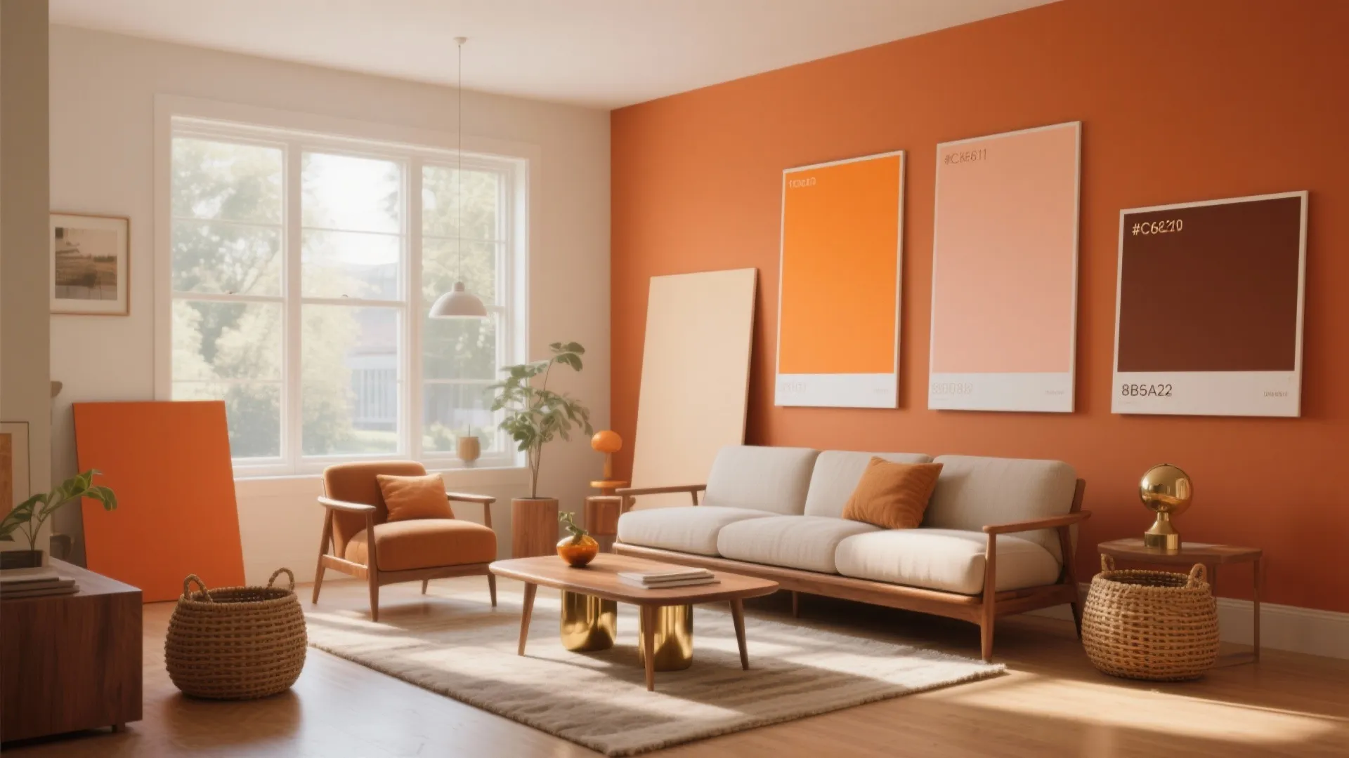 Modern living room with orange wall white sofa wooden coffee table and three large color posters