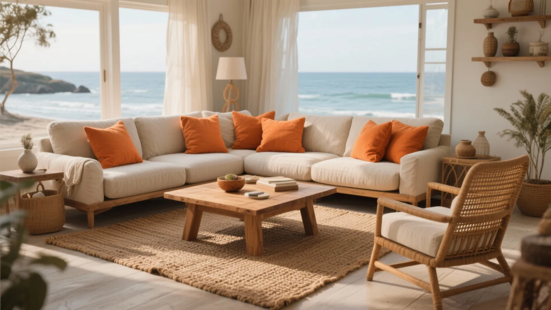 Coastal living room with white sofa orange cushions wood coffee table and ocean view windows