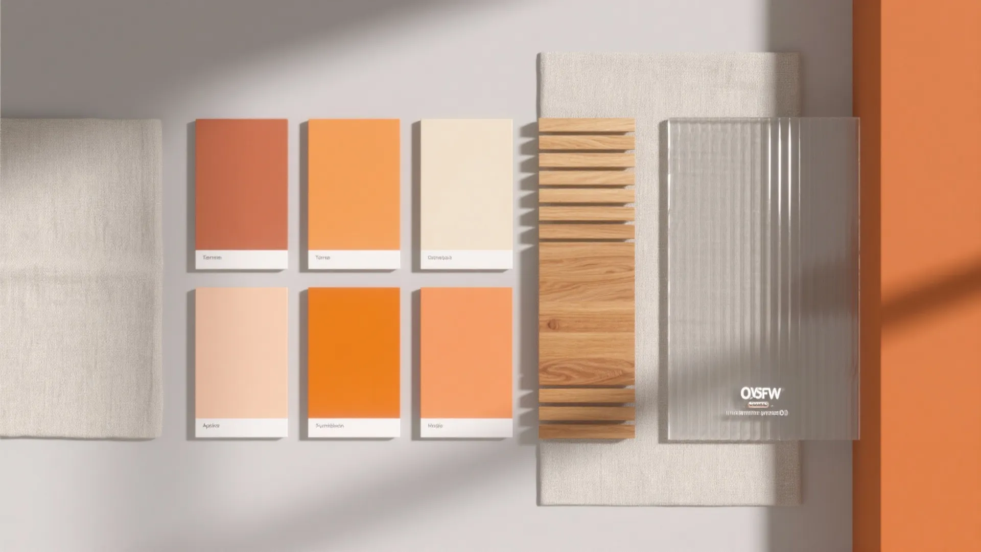 Interior design material board with orange color swatches, wood panel, fabric samples, and textured glass