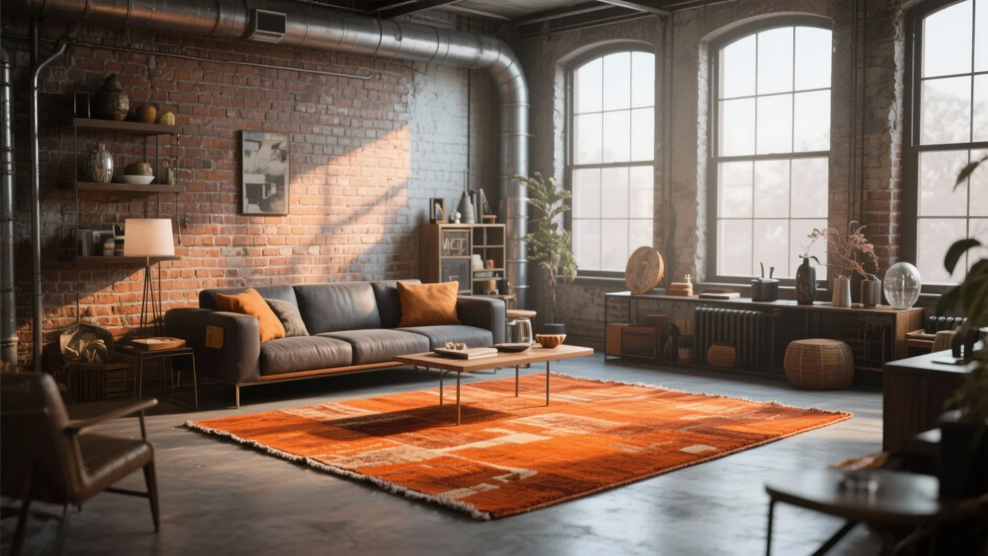 Industrial loft living room with brick walls leather sofa orange area rug and large windows
