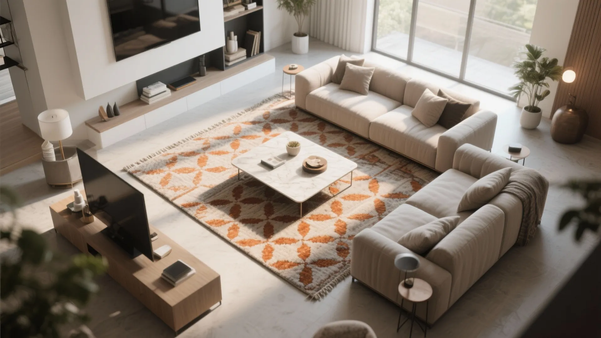 Top-down view of living room with patterned rug and seating zone
