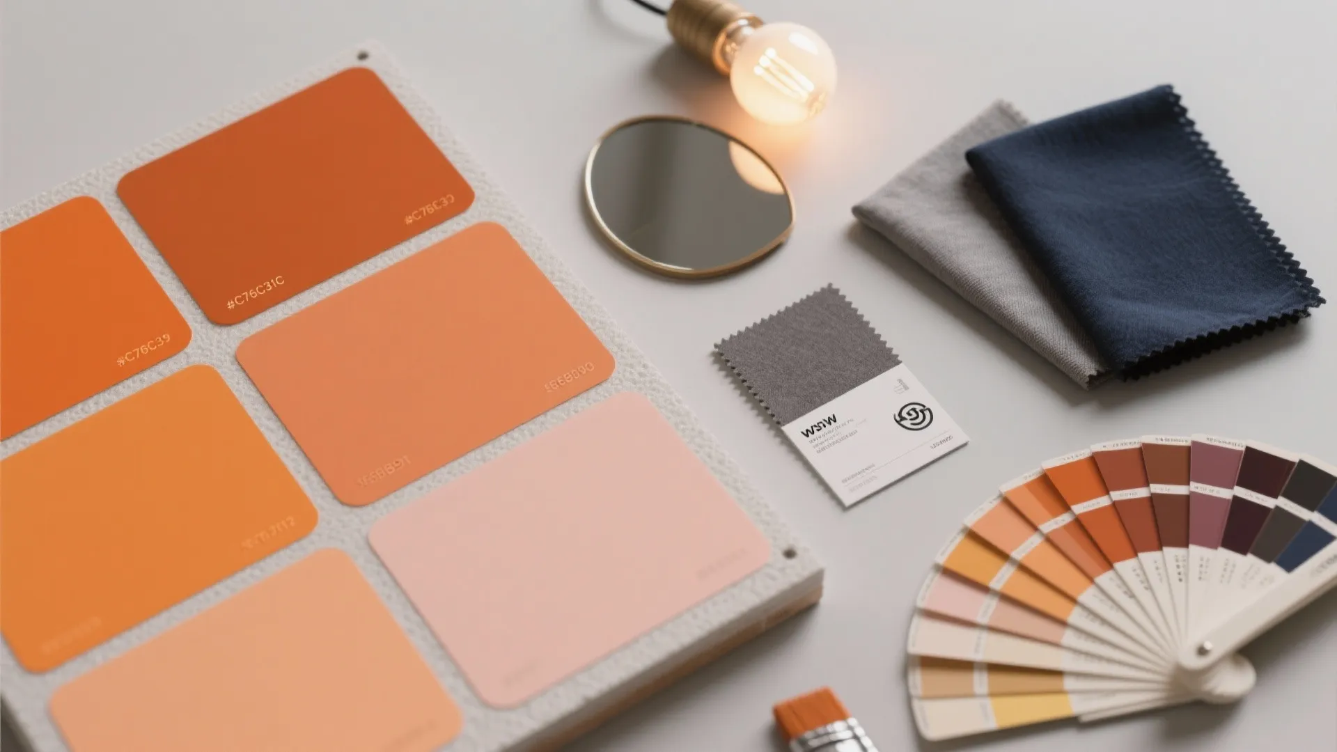 Orange color cards with fabric samples and light bulb used for interior design material selection