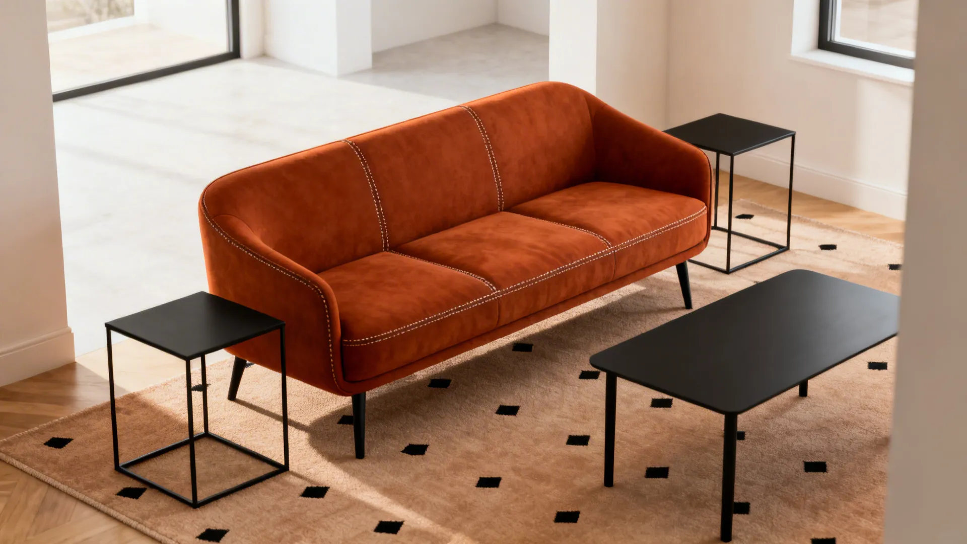 Burnt orange sofa with slim black metal legs and matching black metal side table in a small living room