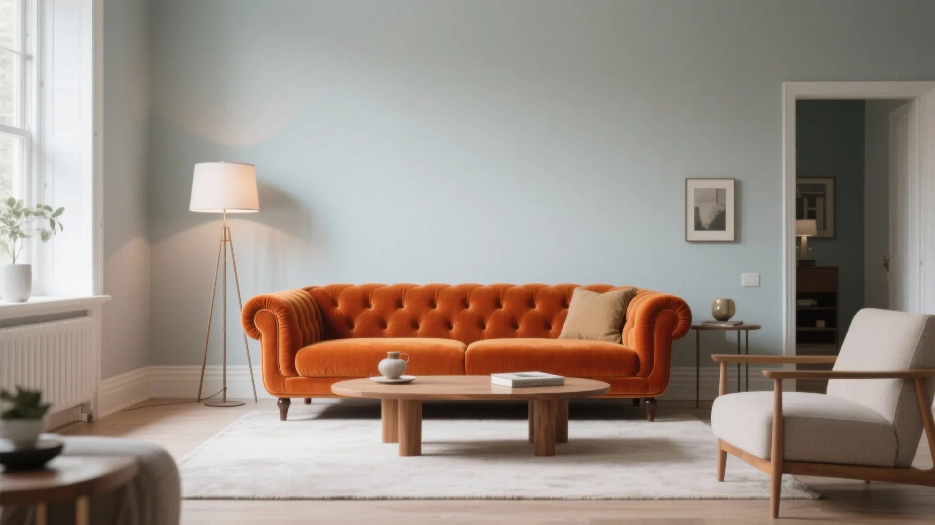 2. Orange Statement Sofa Against Soft Gray Walls