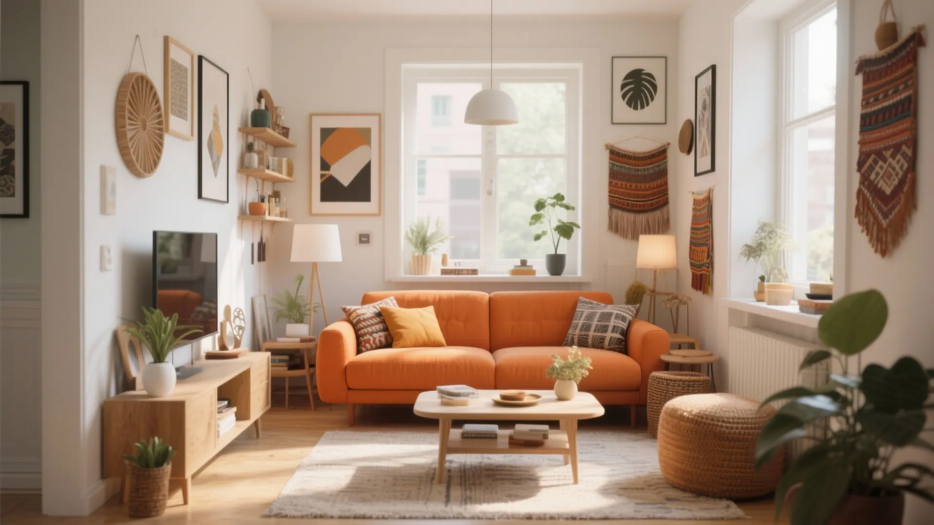 Cozy living room with orange sofa, wooden coffee table, white walls, wall art, and plants
