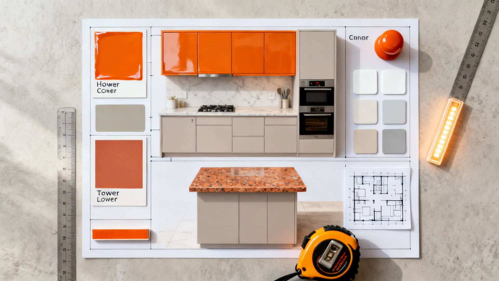 Top-down planning board with orange swatches, neutrals, LED strip, and a small kitchen plan sketch.