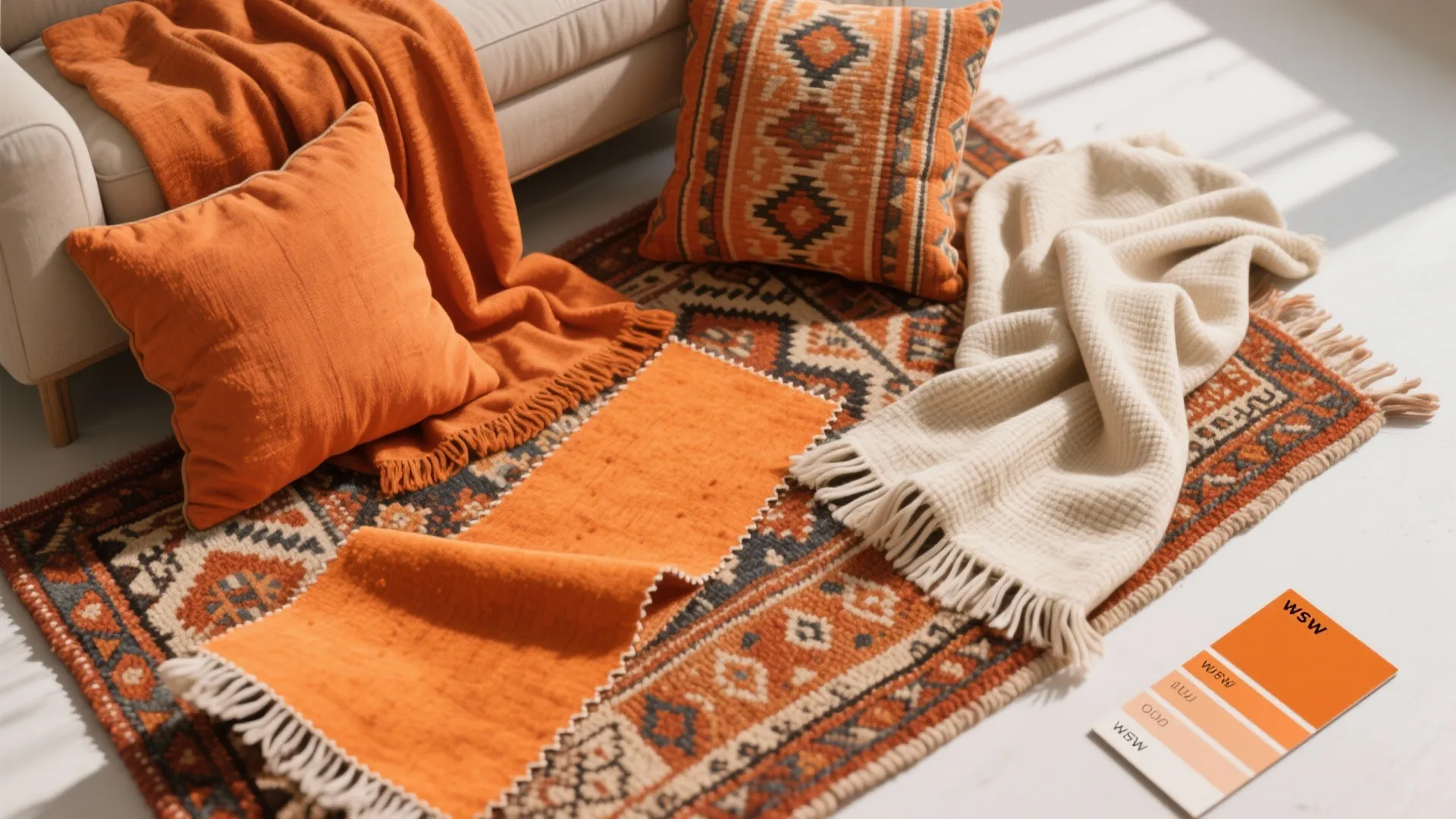 Close up of orange and cream blankets and pillows on a patterned rug for home decor