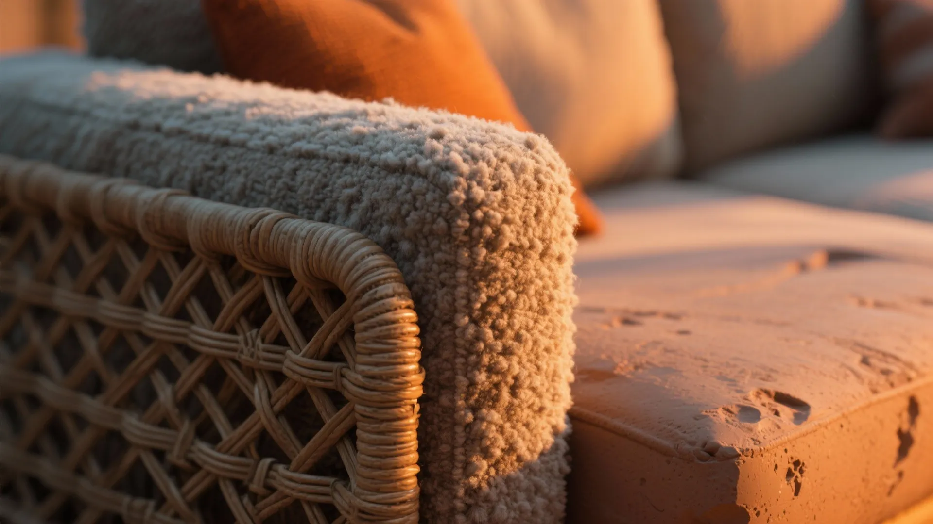 Close up of a woven sofa armrest with textured fabric and orange pillows in sunlight