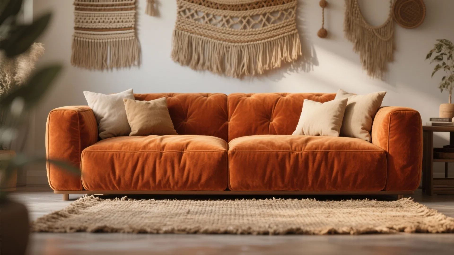 Textured orange velvet sofa with jute rug and wall hangings