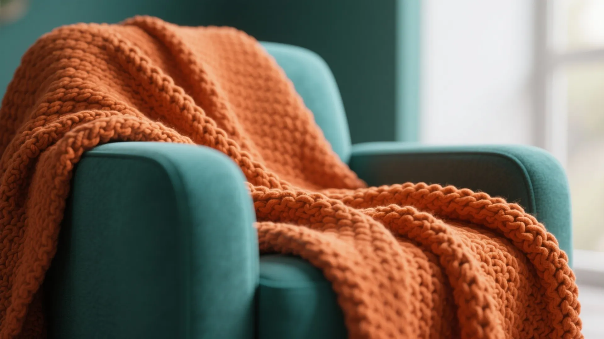Burnt orange knitted throw on teal armchair