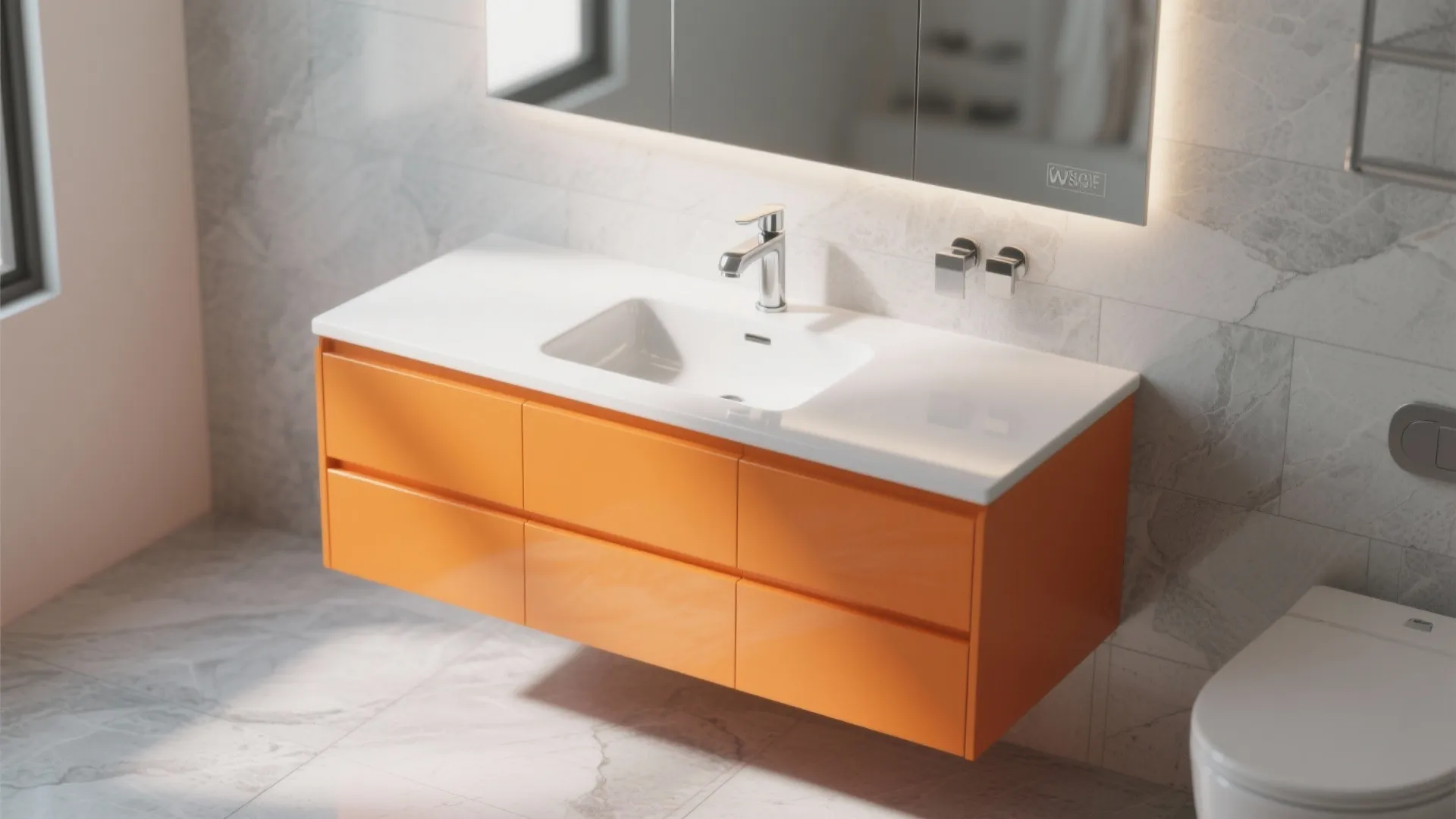 2. Orange Vanity Meets Gray Floors