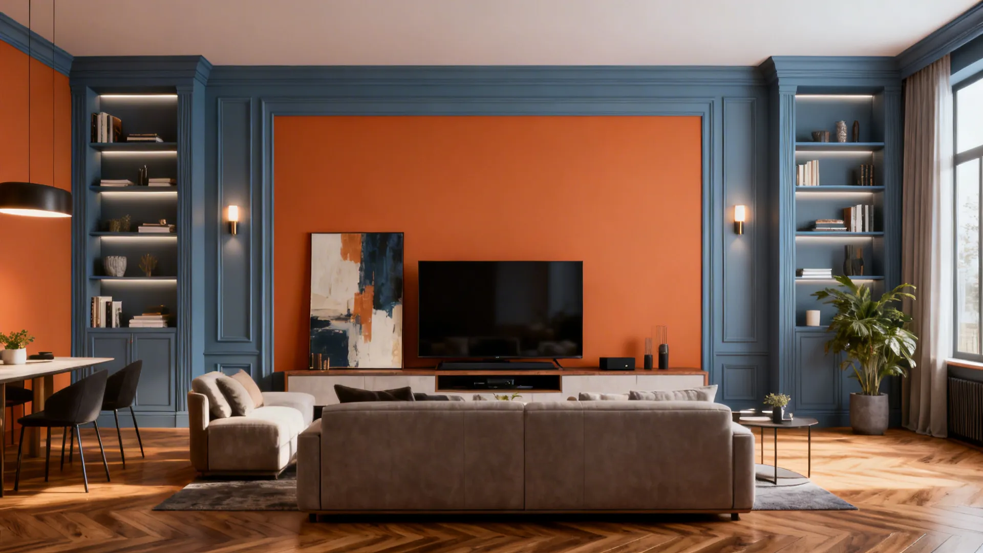Modern living room with a muted orange media wall framed by blue-gray trims and shelving