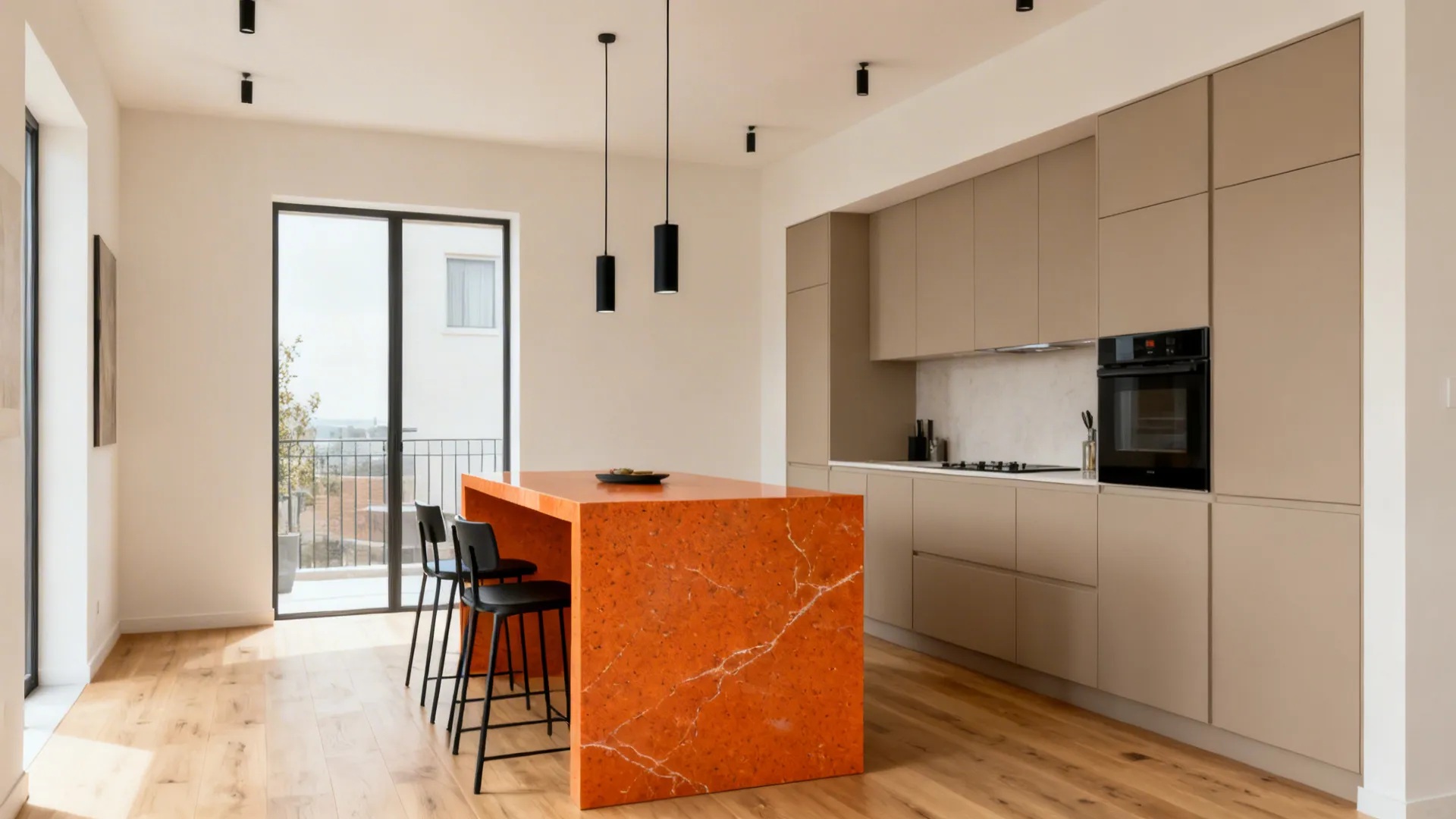 Open-plan small kitchen with a bold orange quartz waterfall island and neutral shell.