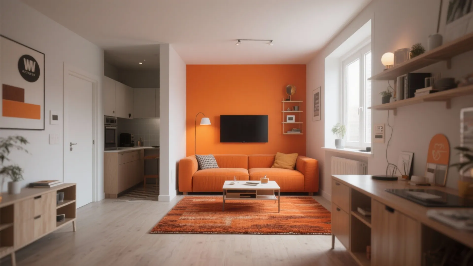 Modern studio apartment layout with orange feature wall and sofa plus wood cabinets and natural light
