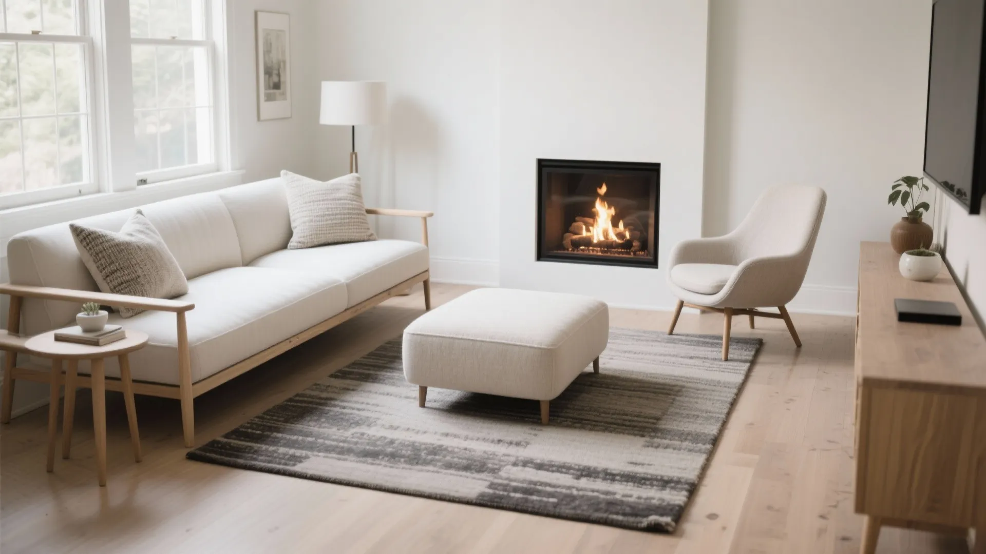 Low-profile, movable seating that orbits the fireplace