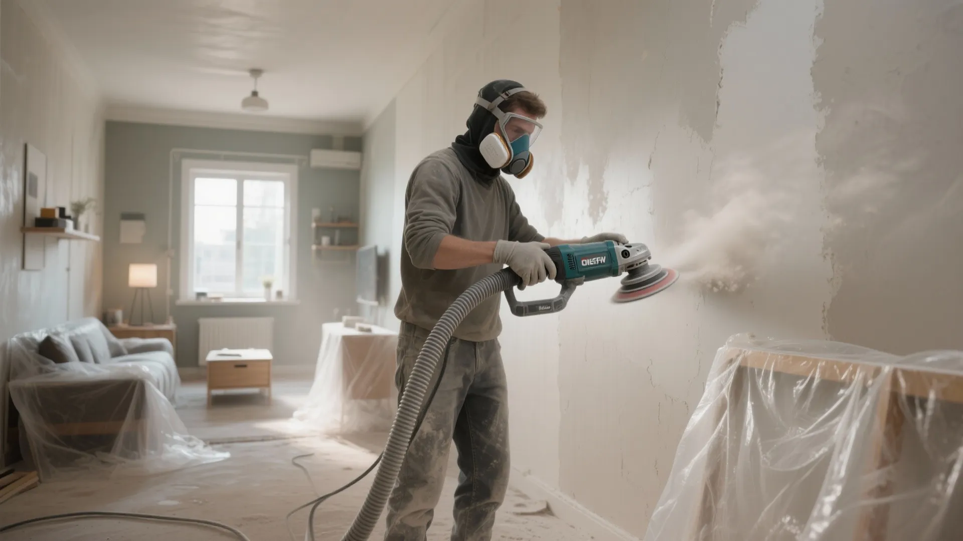 Worker using power sander tool on wall inside a living room for home interior renovation