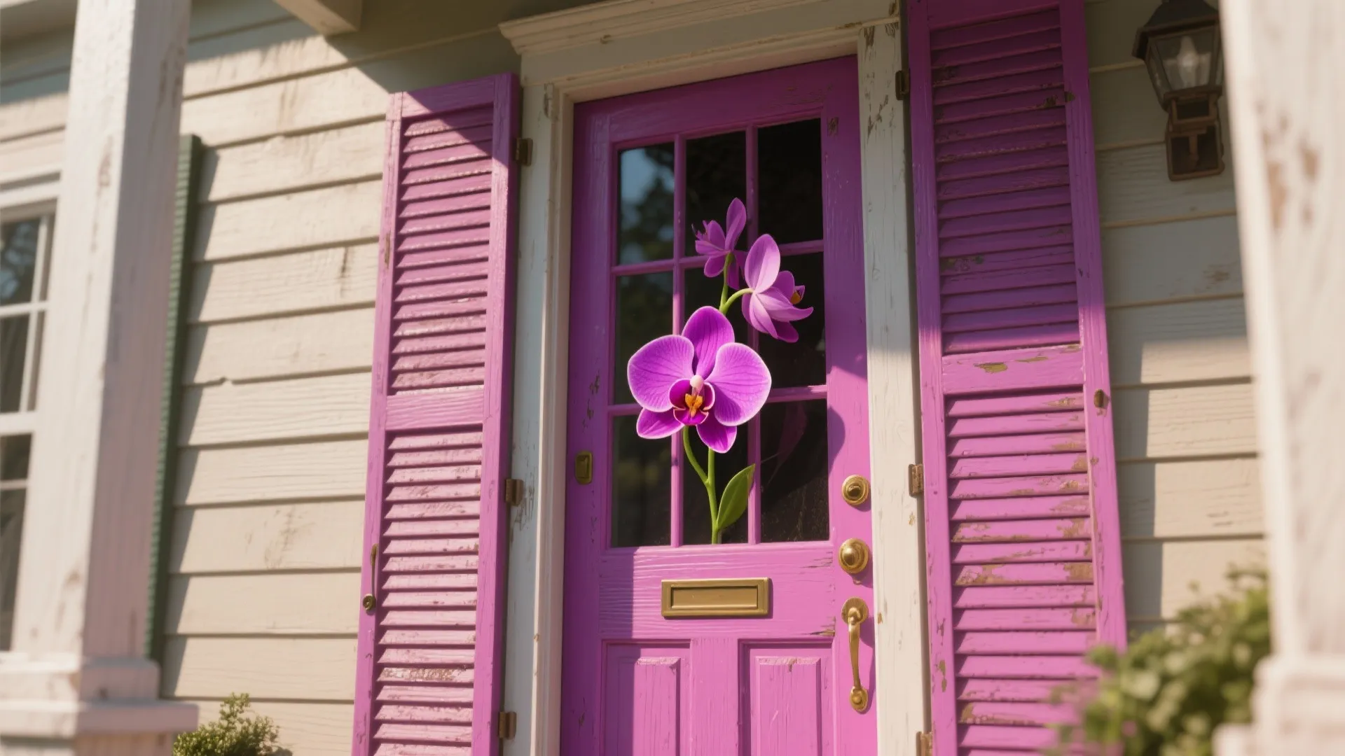 Close up of a bright purple front door with matching window shutters and pink orchid flower