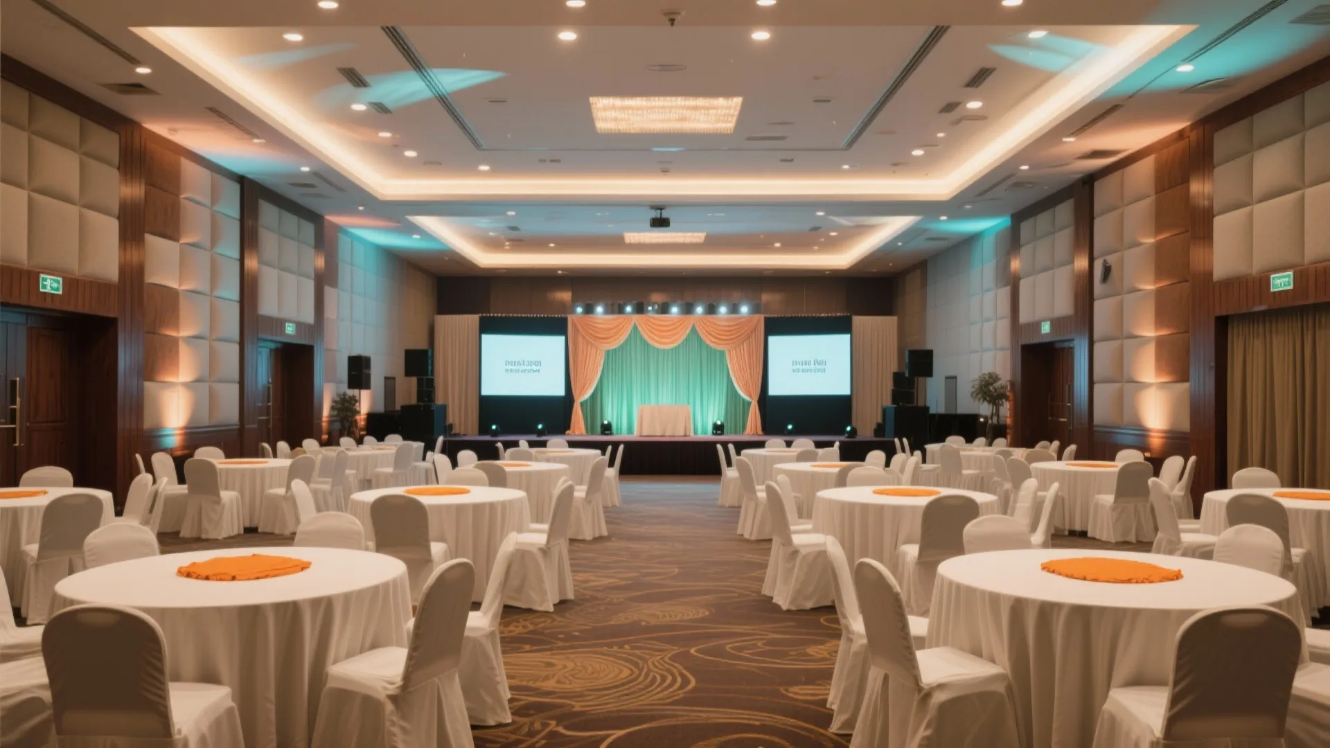 Spacious banquet hall with round tables white chair covers orange napkins stage curtains ceiling lights