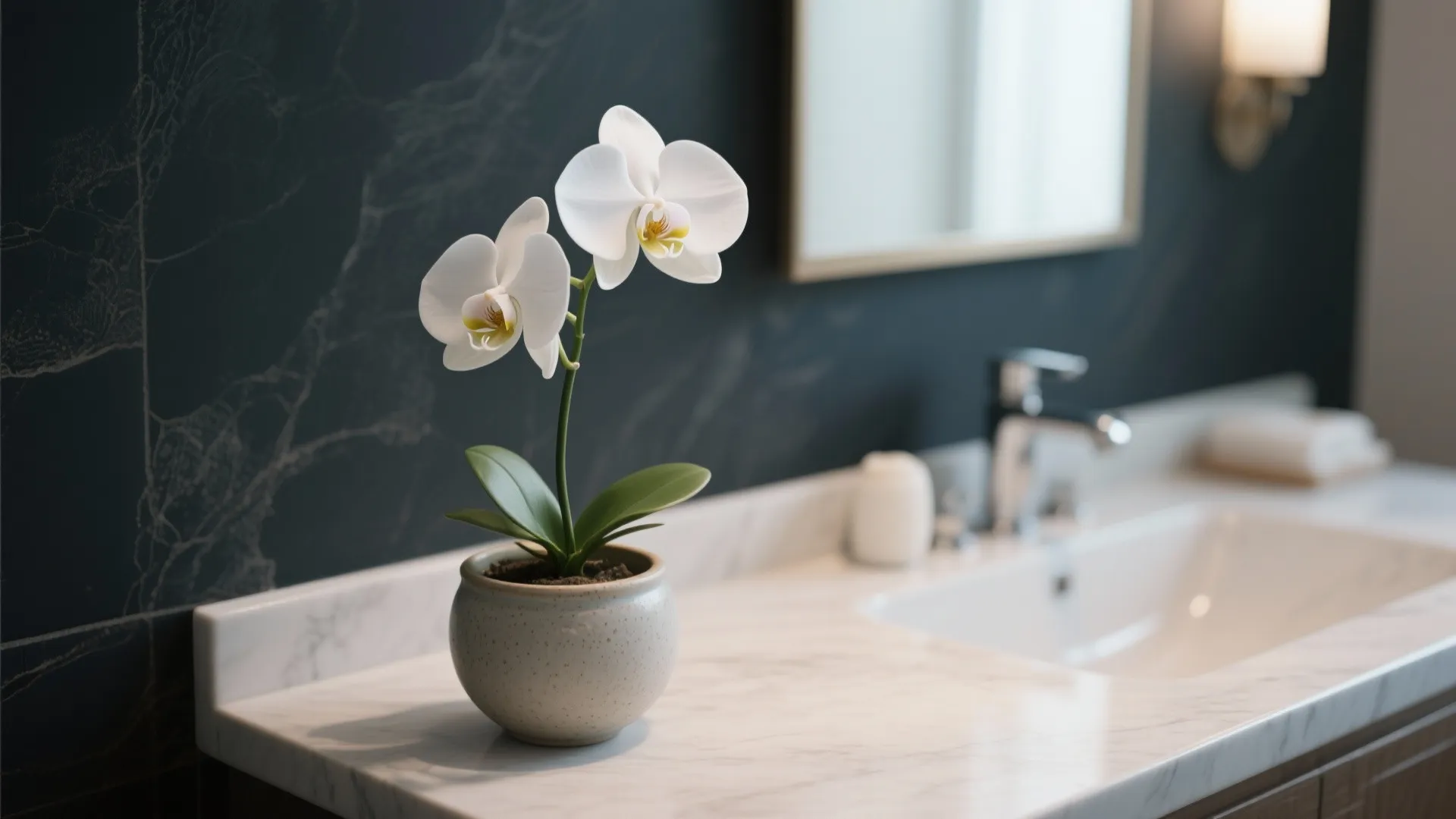 White orchid in a pot on a marble bathroom sink counter with dark blue wallpaper