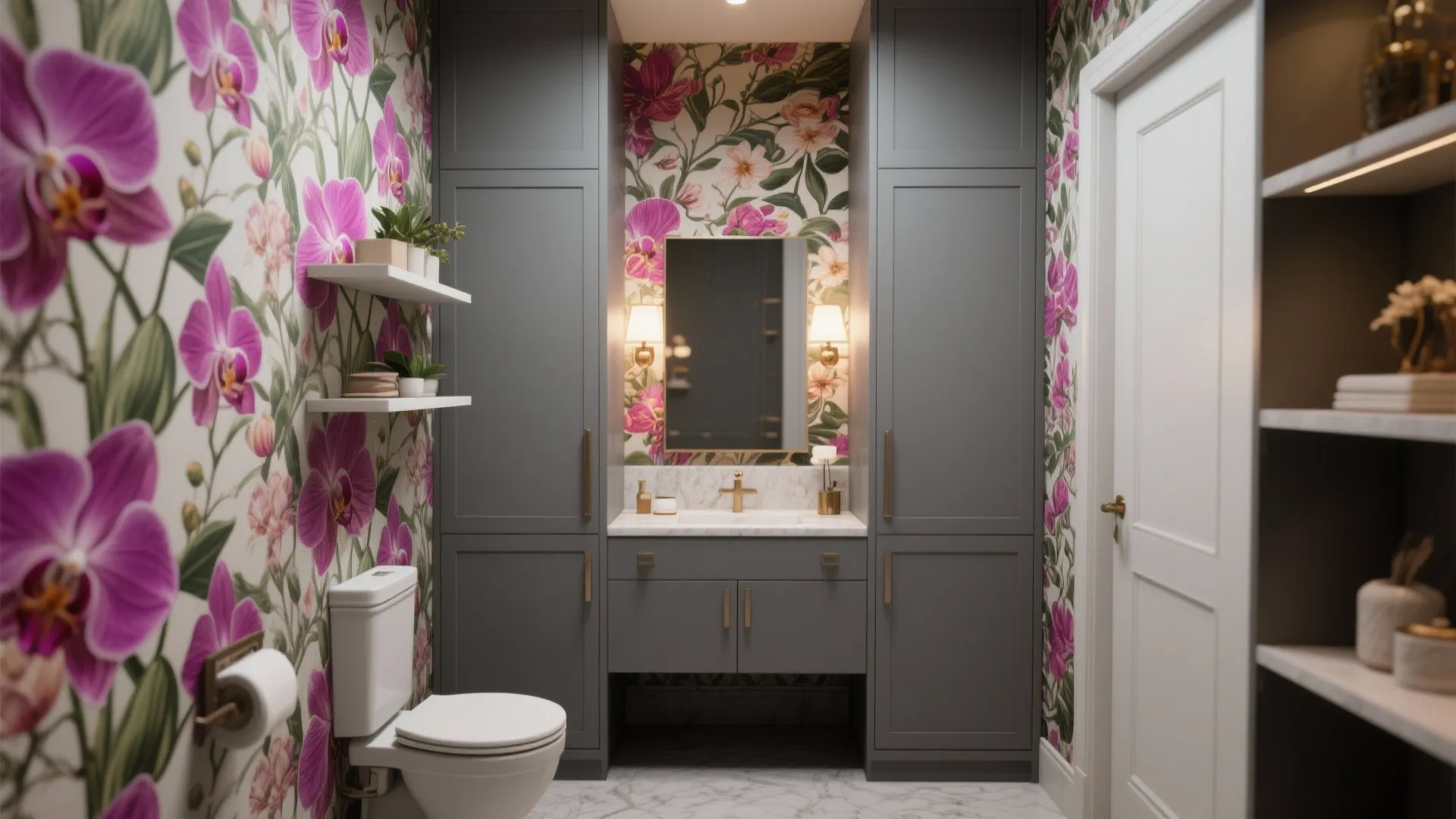 Elegant bathroom with purple floral wallpaper grey cabinets white toilet and gold wall light fixtures