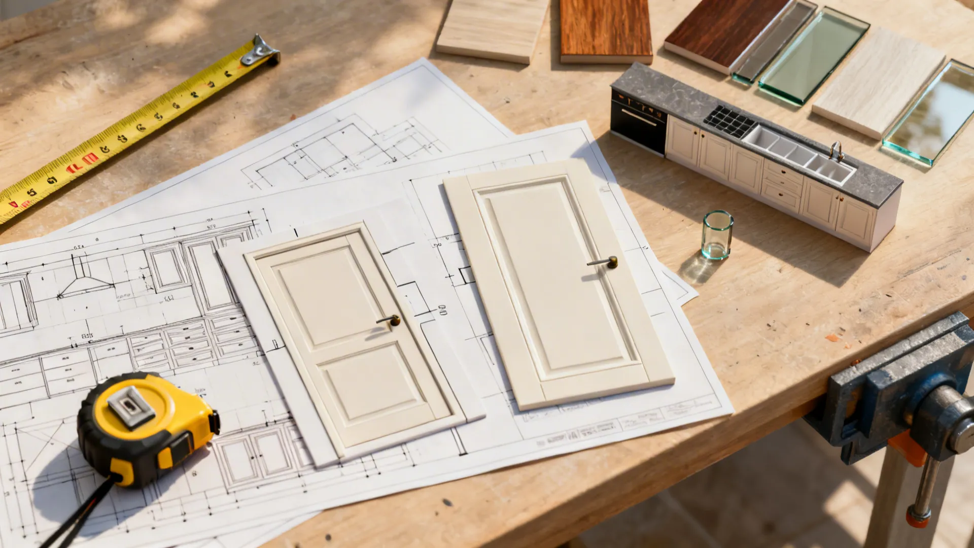 Top-down planning scene with a tape measure, cabinet layout, finish samples, and a small 3D model.