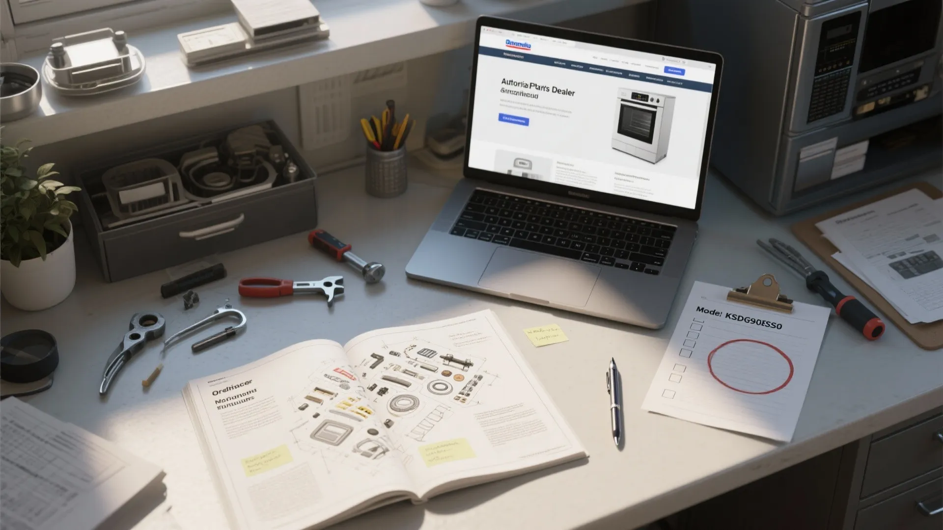 Laptop showing appliance parts website next to open manual and repair tools on white office desk