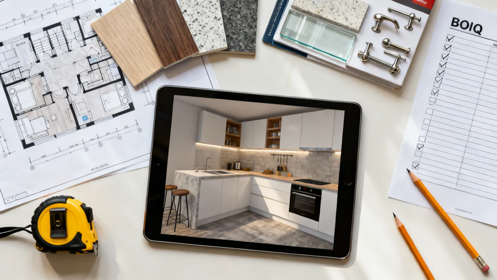 Top-down scene with plans, samples, and a tablet rendering to represent the ordering workflow.