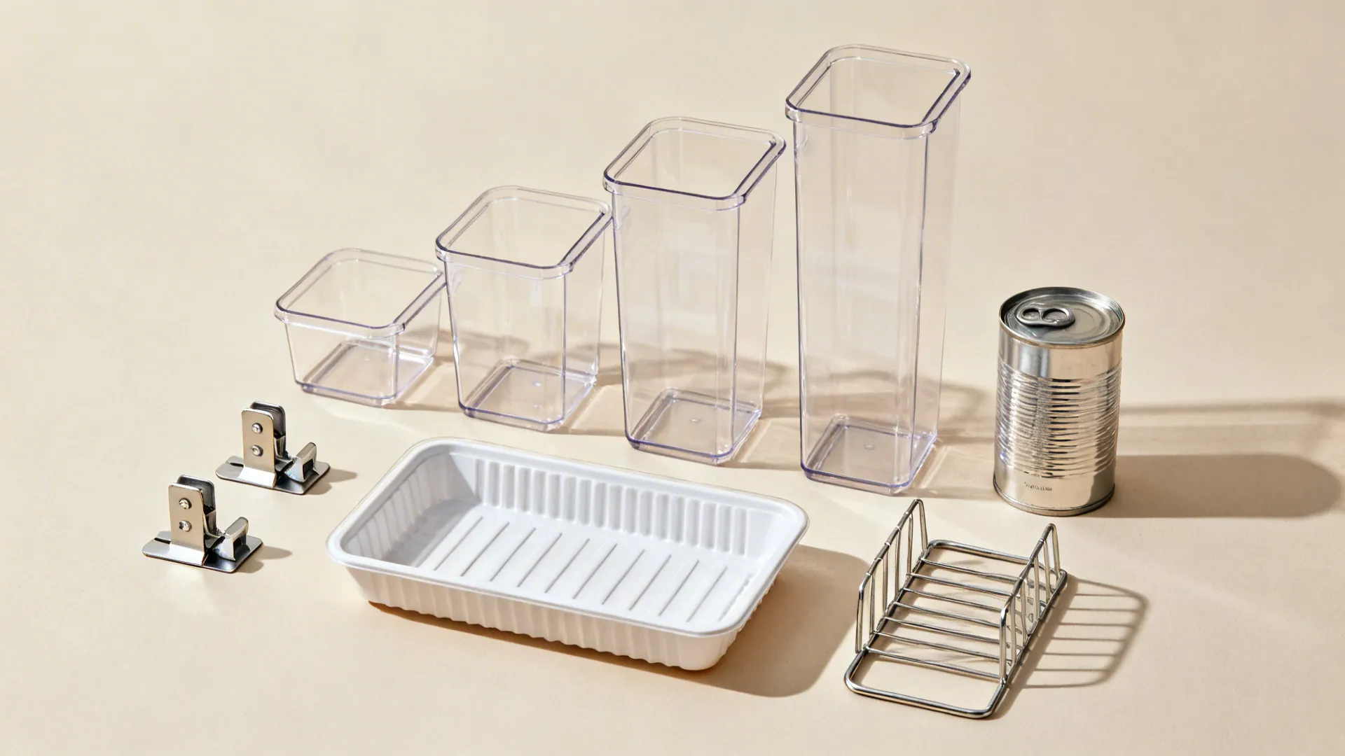 Flat lay of clear PET bins, a deli tray, adjustable clips, and a can riser for fridge organization.