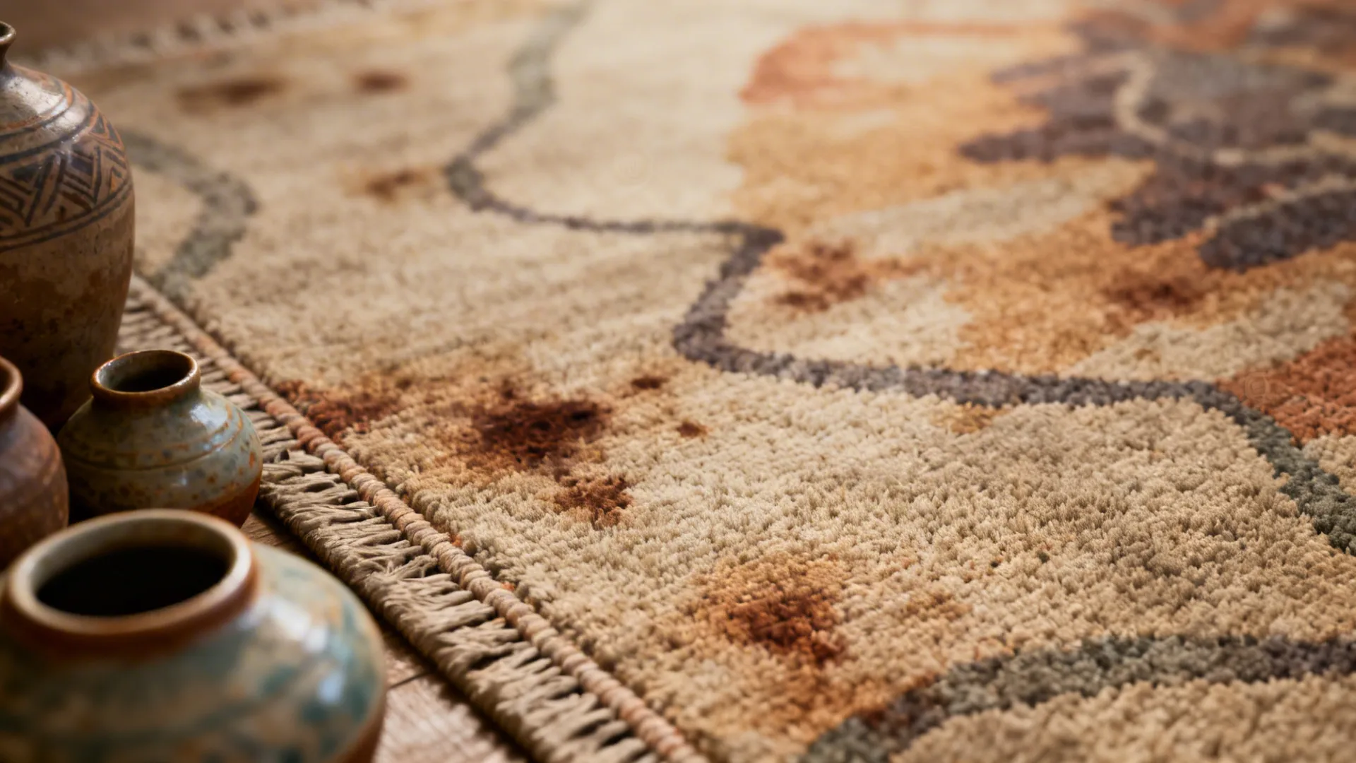 Close-up of an organic abstract rug motif in warm muted tones with visible texture.
