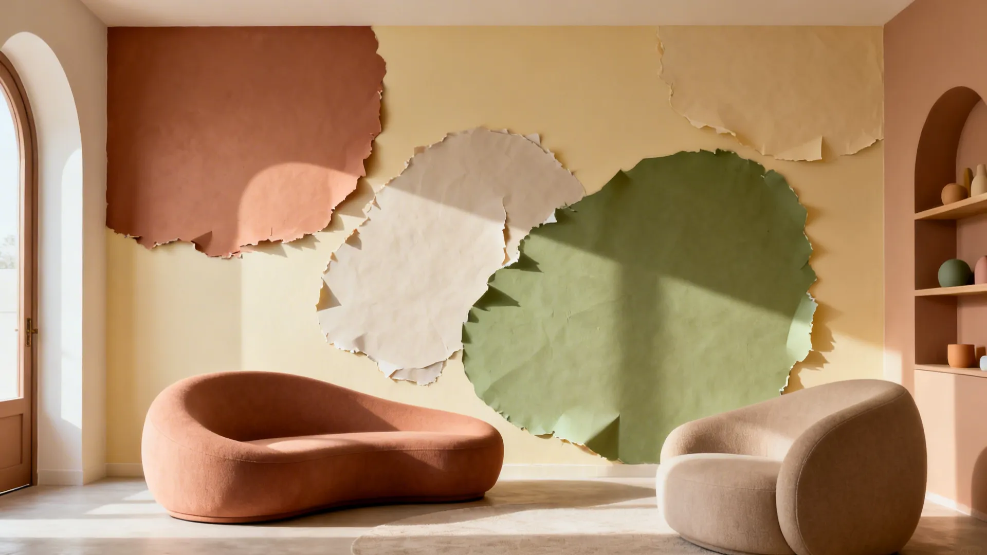 Organic shapes collage with layered torn paper over a painted canvas near curved furniture.