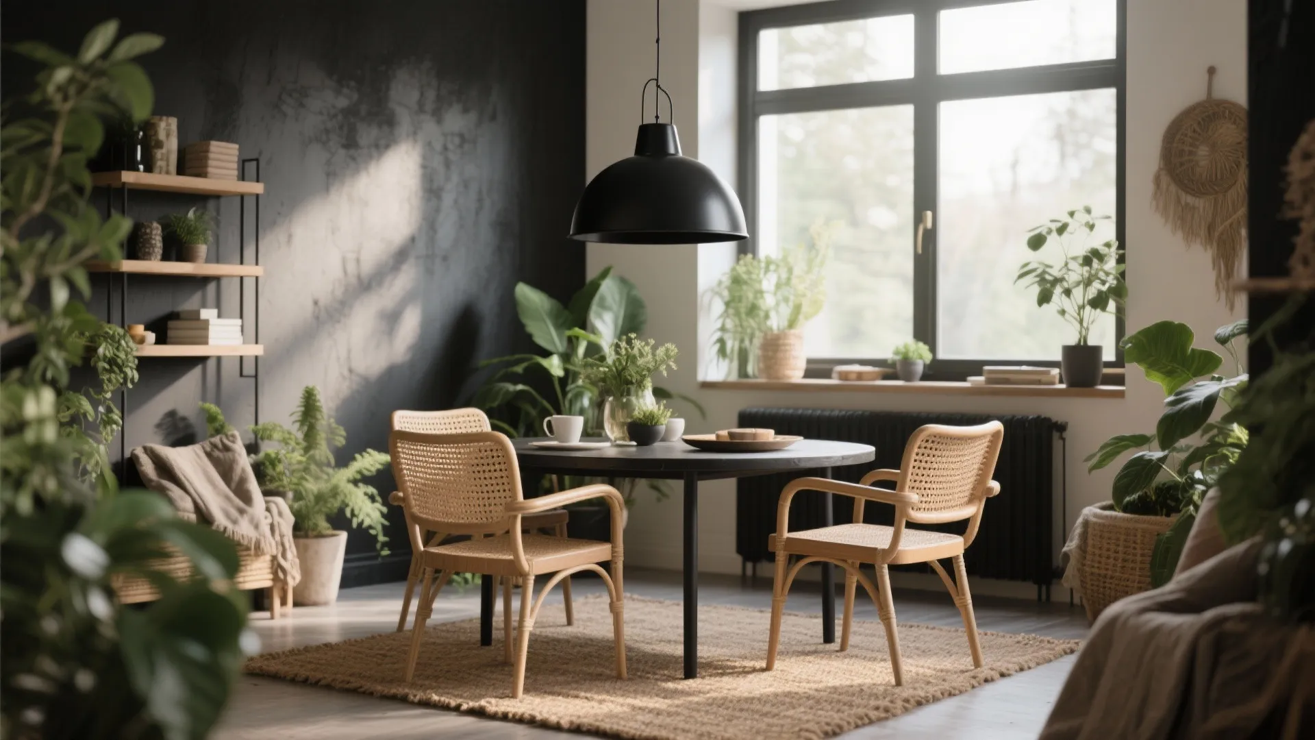 5. Organic Contrast: Black Chandelier with Plants and Natural Textiles