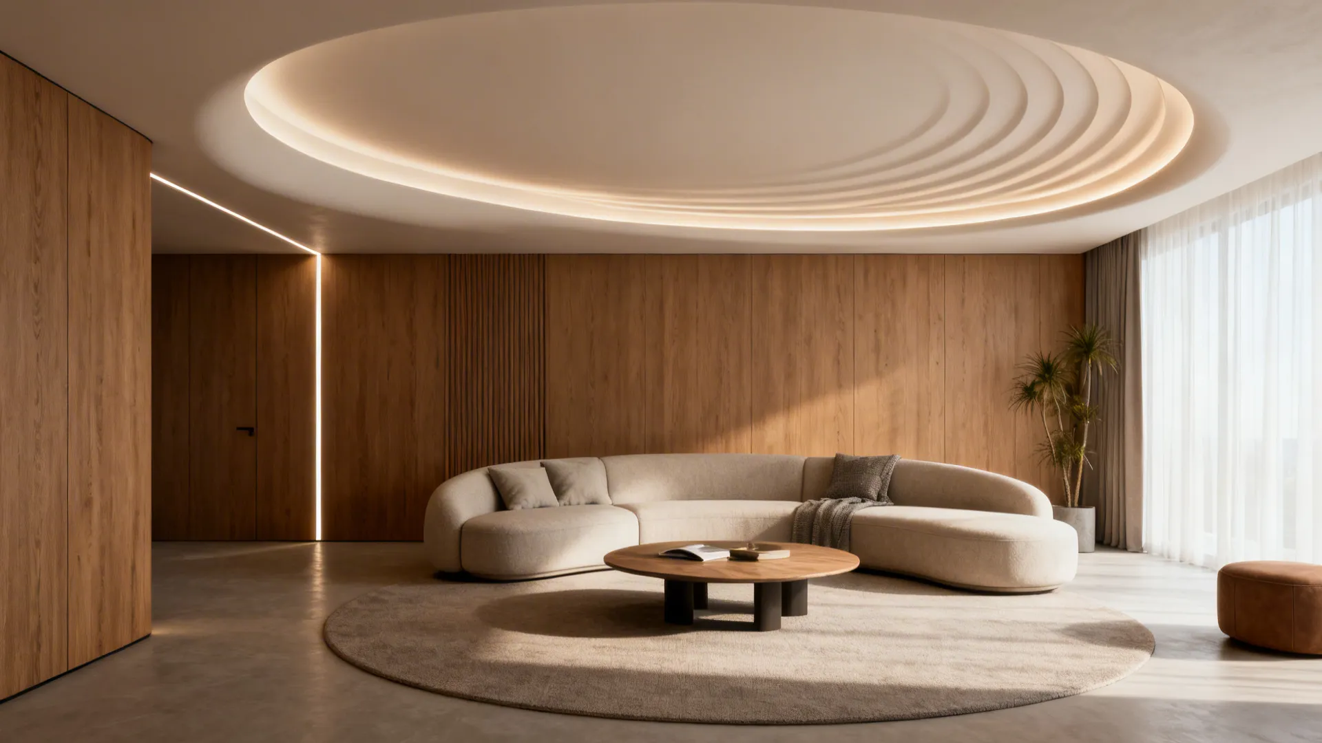 Curved false ceiling softening the L junction with gentle LED glow