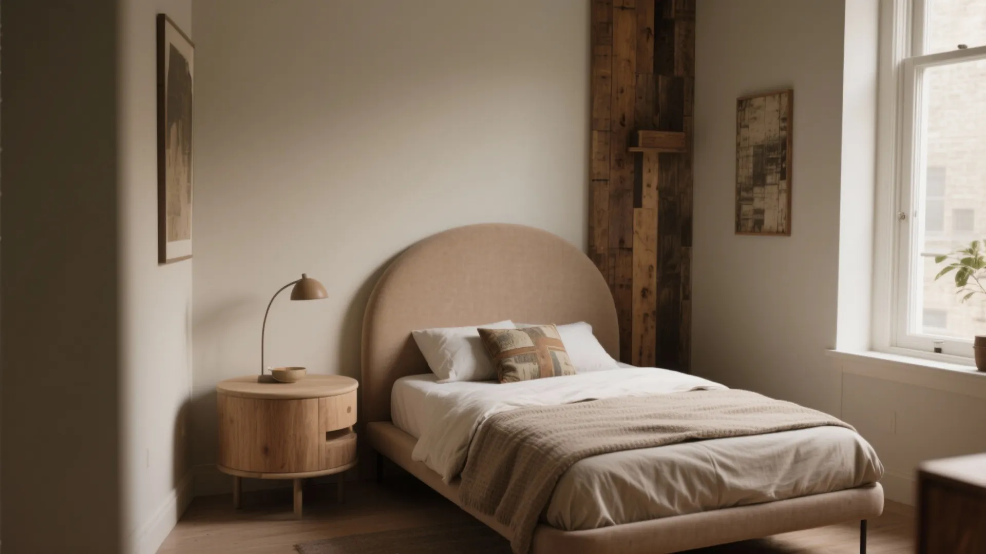 Modern bedroom with curved beige headboard, round wooden side table, simple lamp, and wall art