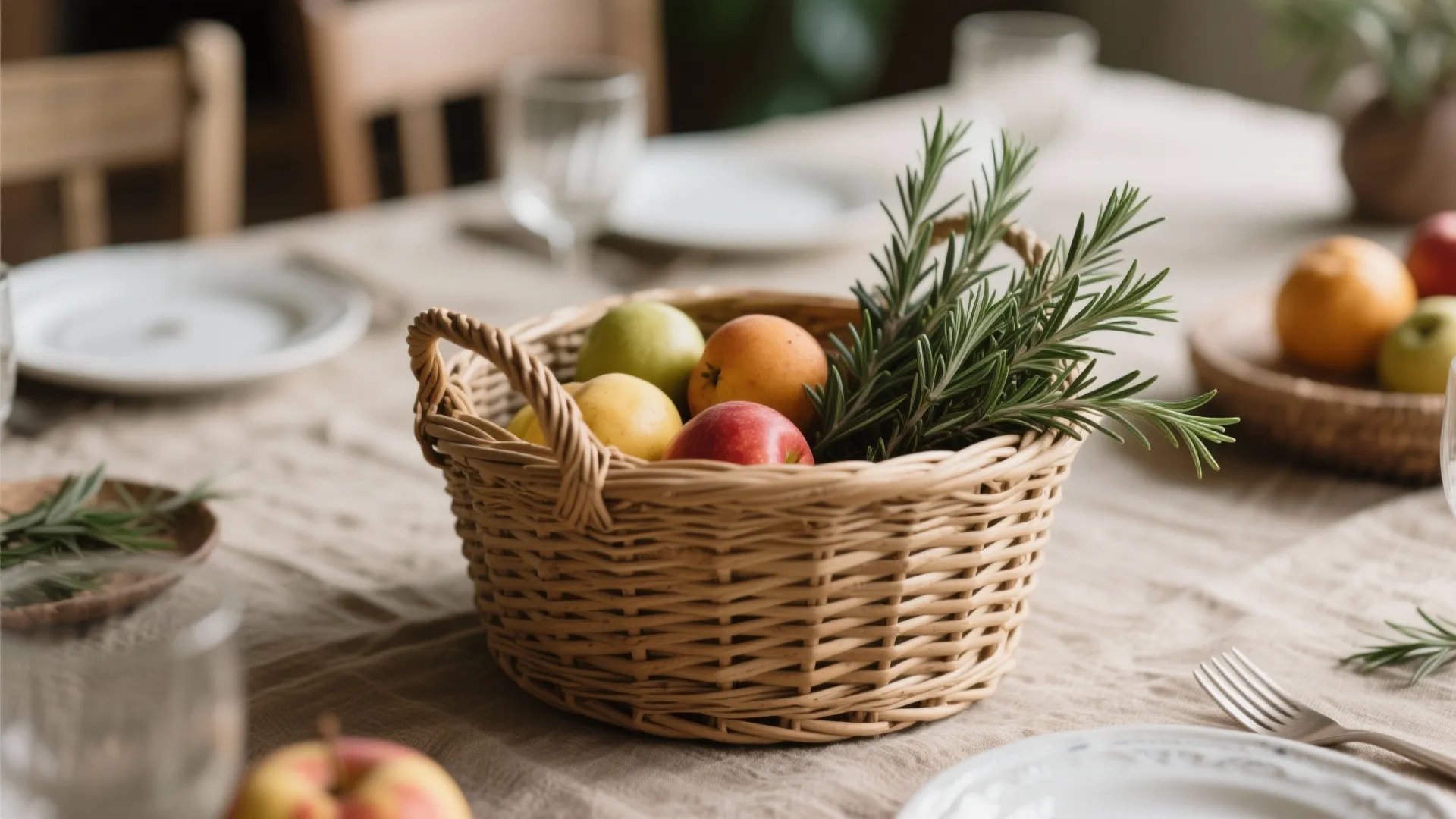 Woven basket with herbs and fruits as natural dining table decor