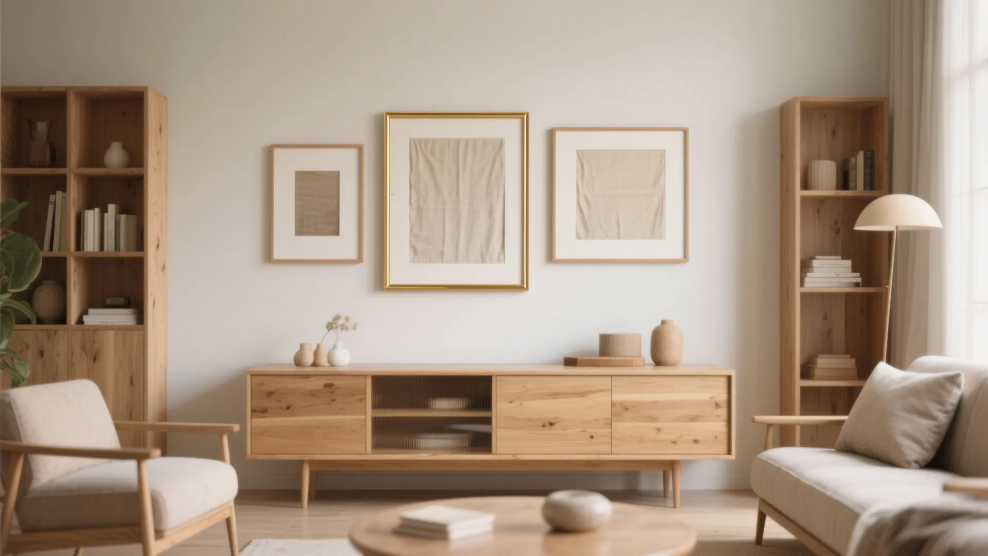 Warm living room with oak and brass frames layered over a console.