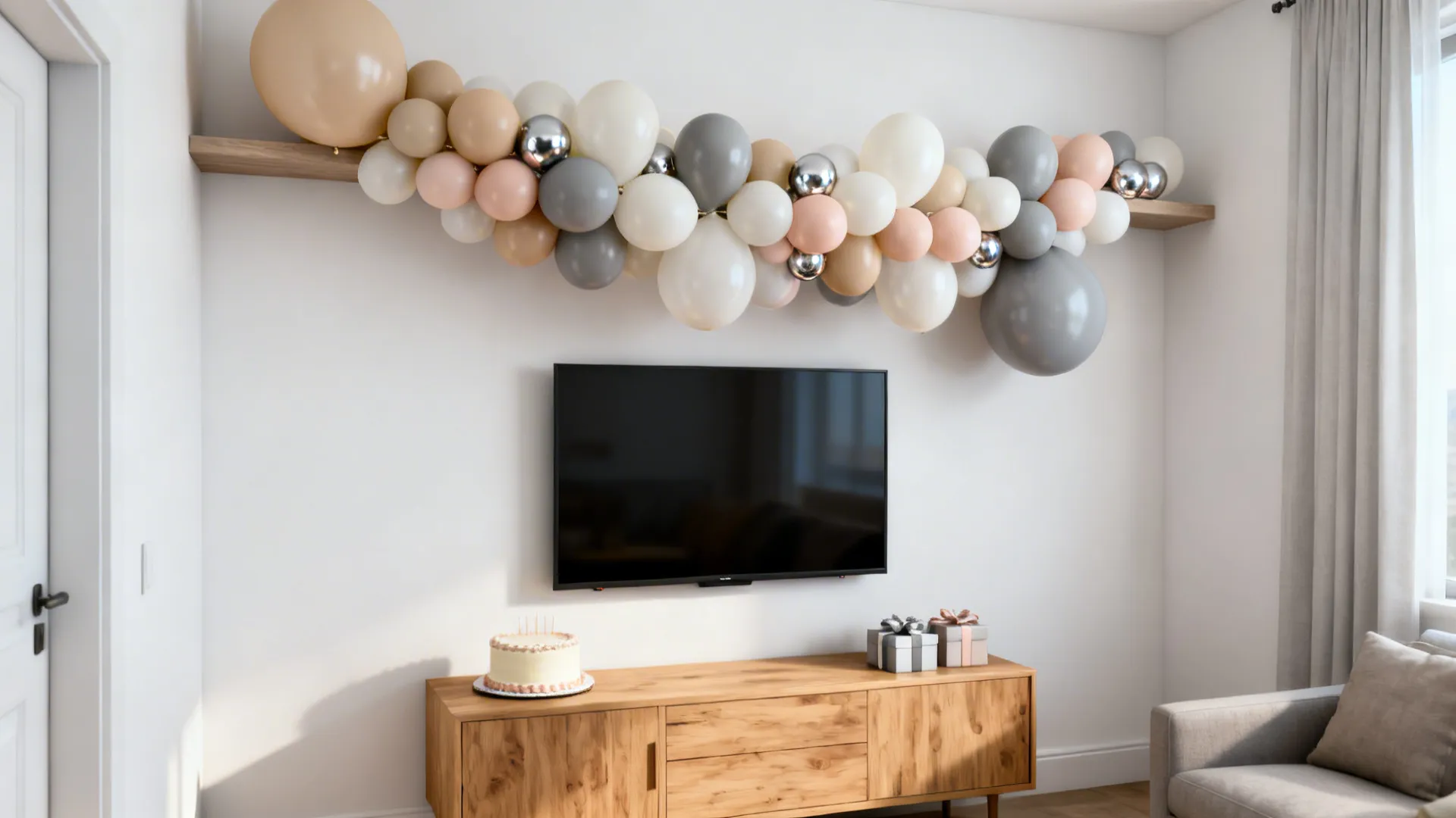 Modern living room wall with television wooden cabinet white cake gift boxes and large balloon decoration