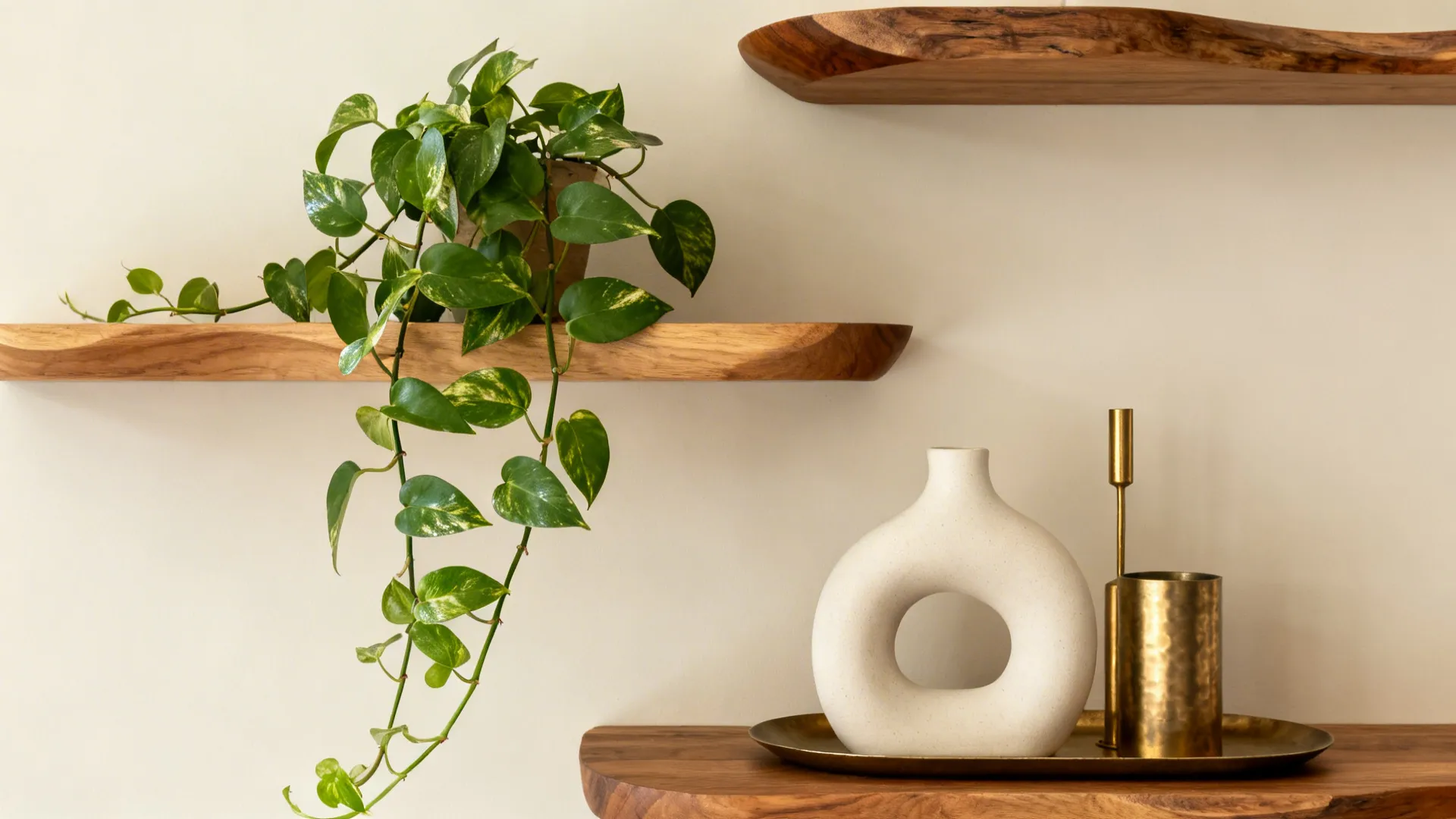 Oak shelves with a trailing pothos, curvy ceramic, and brushed brass accents.