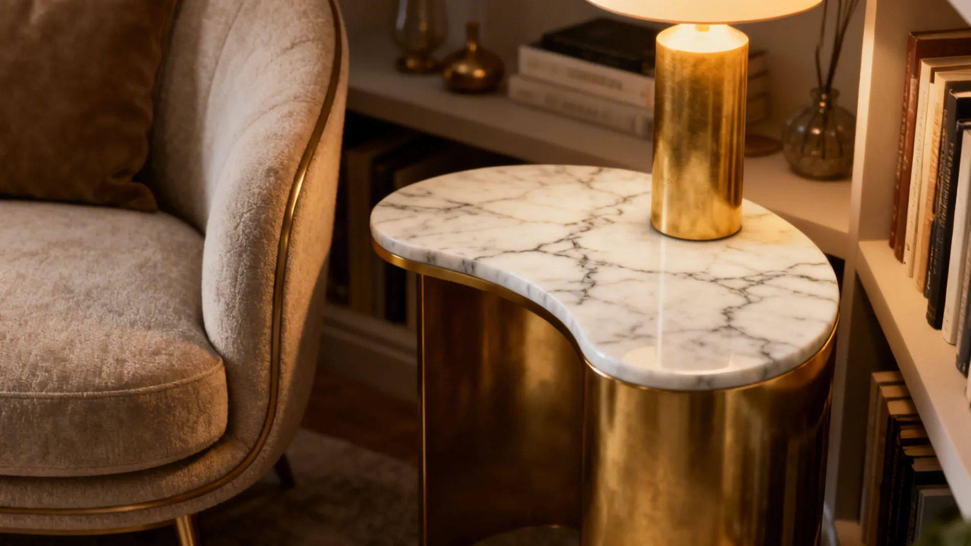 Kidney-shaped marble side table anchoring a small reading nook with curved lighter profile