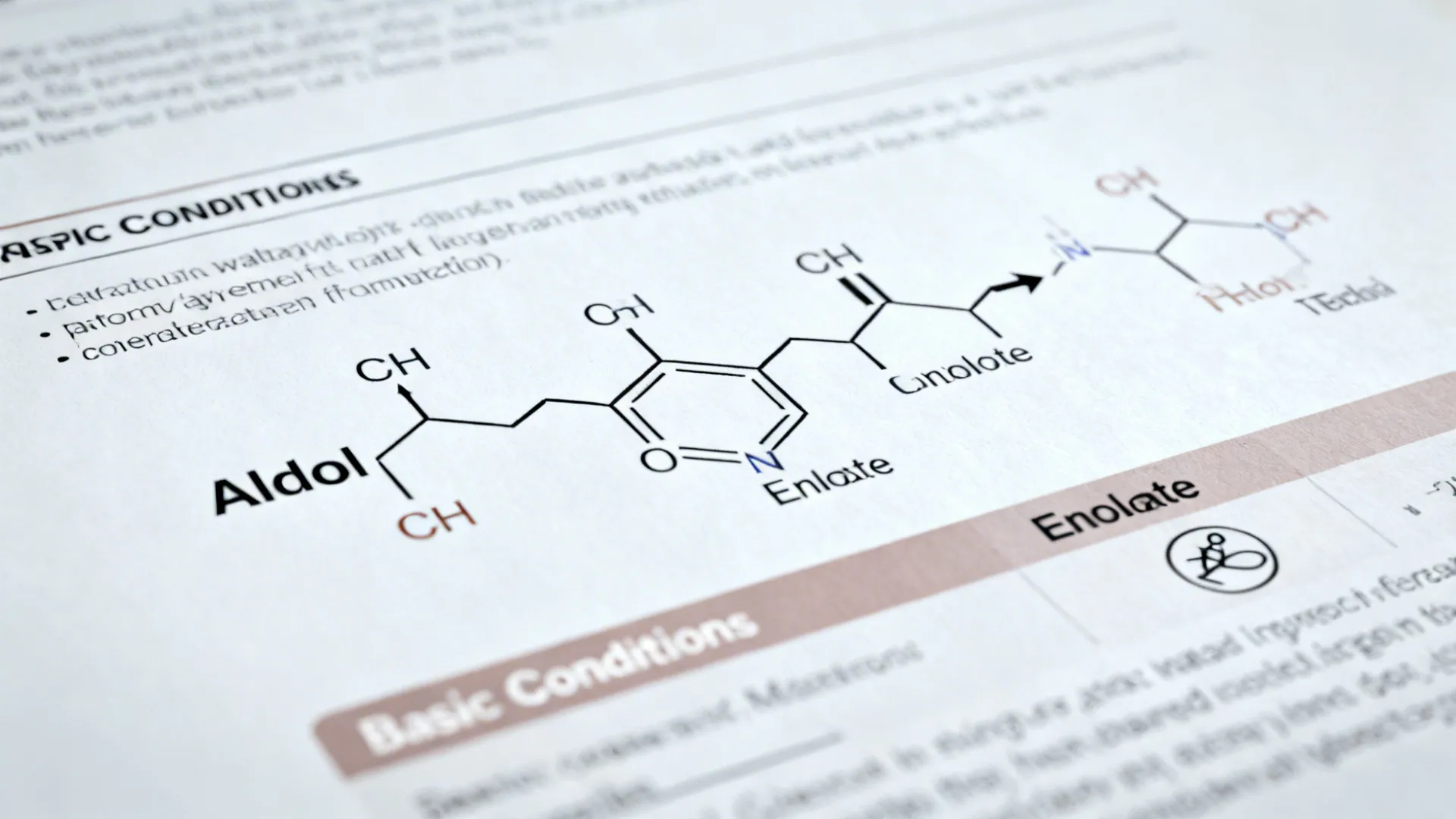 Macro view of Aldol mechanism arrows and labels on a matte classroom chart.