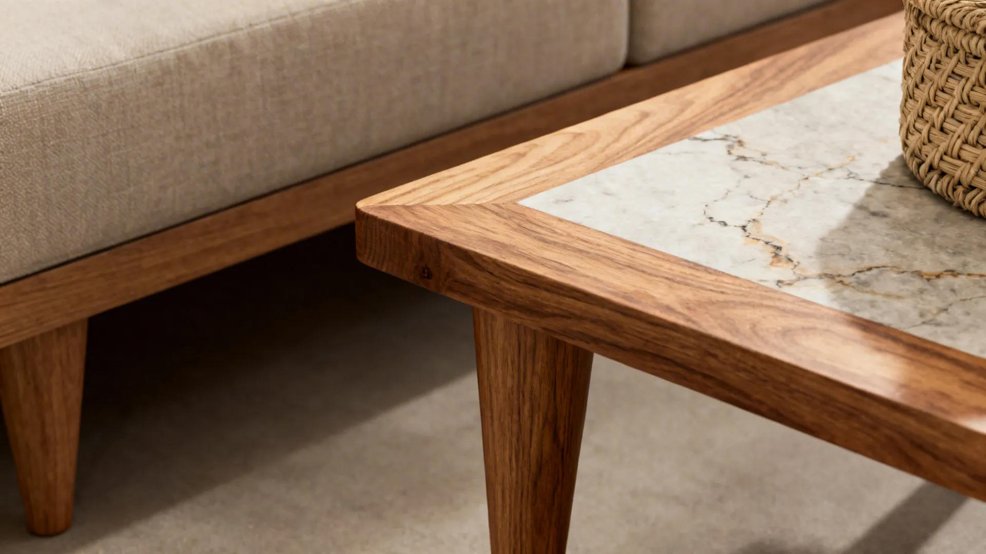 Close-up of oak coffee table, slim sofa legs, and woven basket showing material contrast.