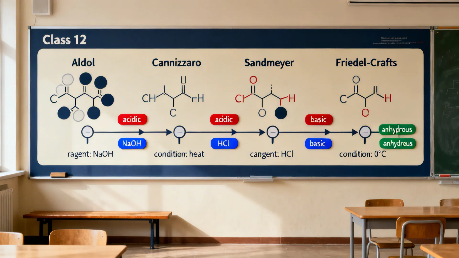Modular Class 12 organic mechanisms chart with named reactions and flow arrows.