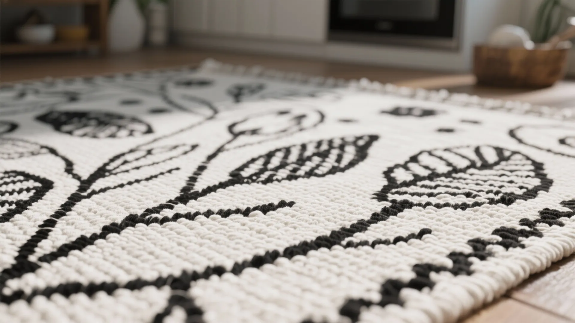 Close up view of a white rug with black leaf patterns on a wooden floor
