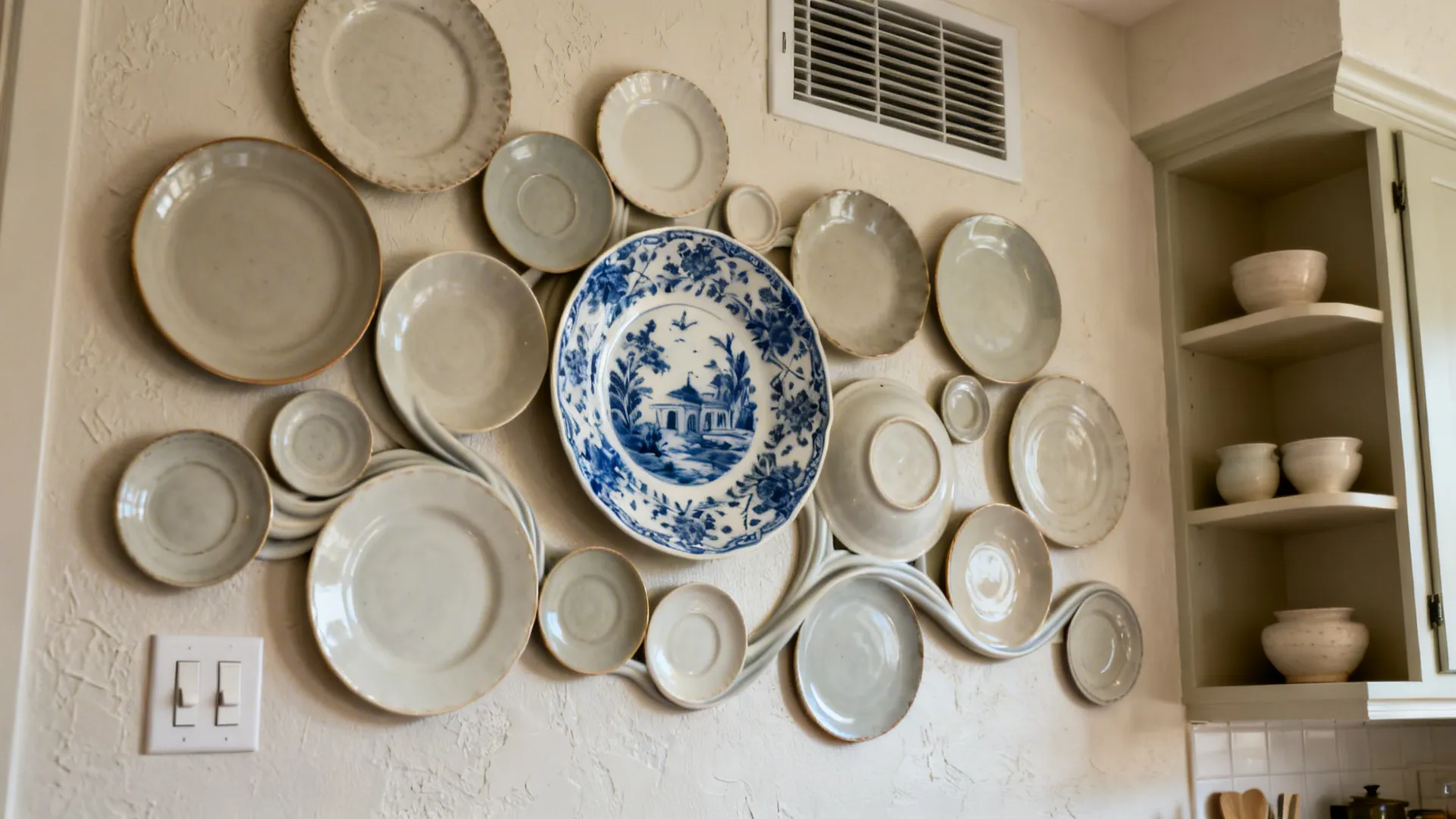 Organic cluster of mixed plates centered on a blue-and-white hero plate beside open shelves.