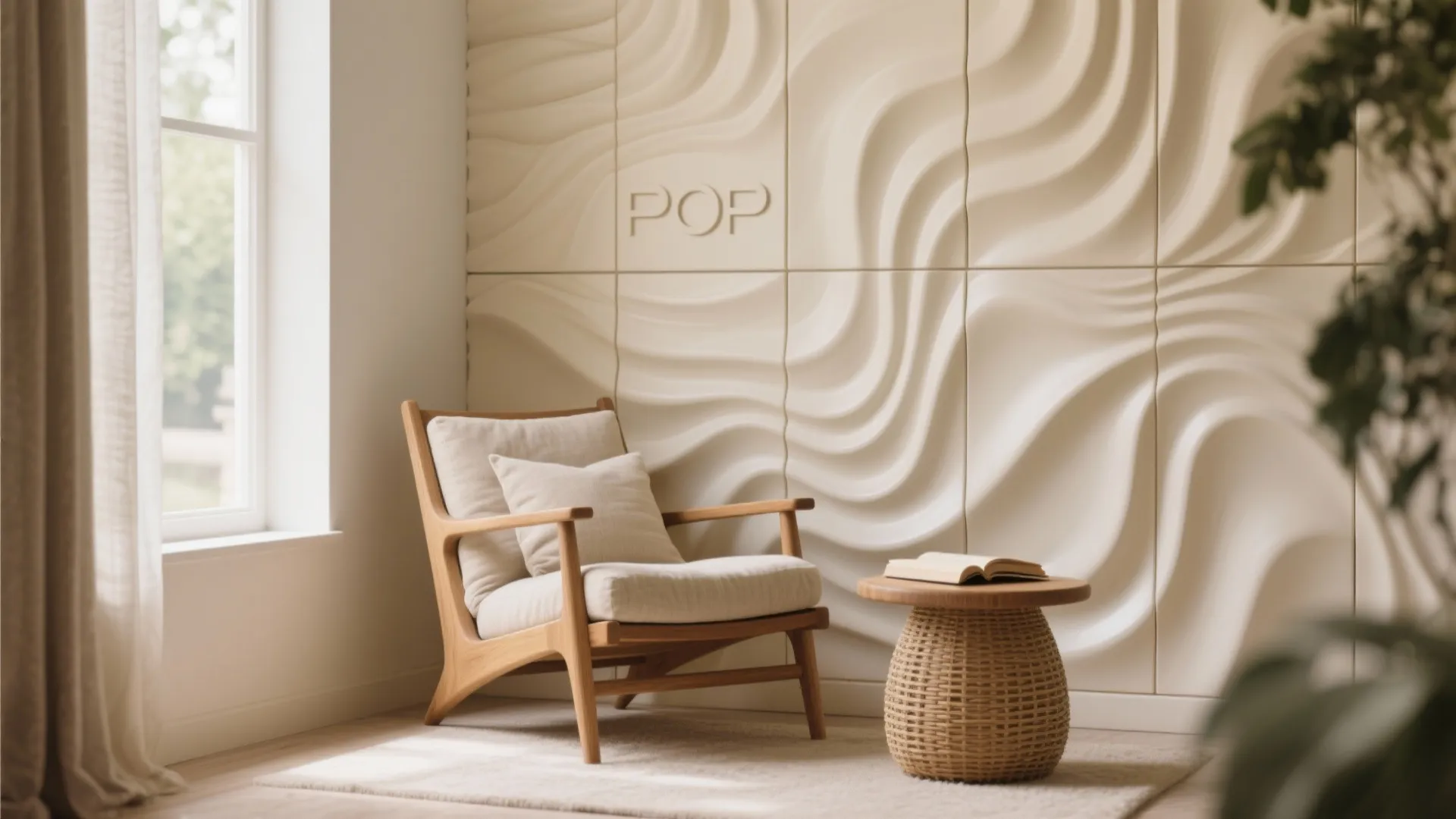 Modern reading corner with wavy 3D wall panel design plus wooden chair and small round table