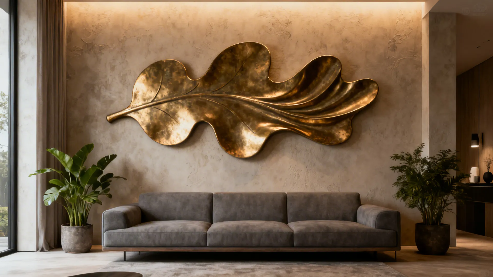 Living area with brushed brass organic relief above a gray sofa, warm light accentuating curves.