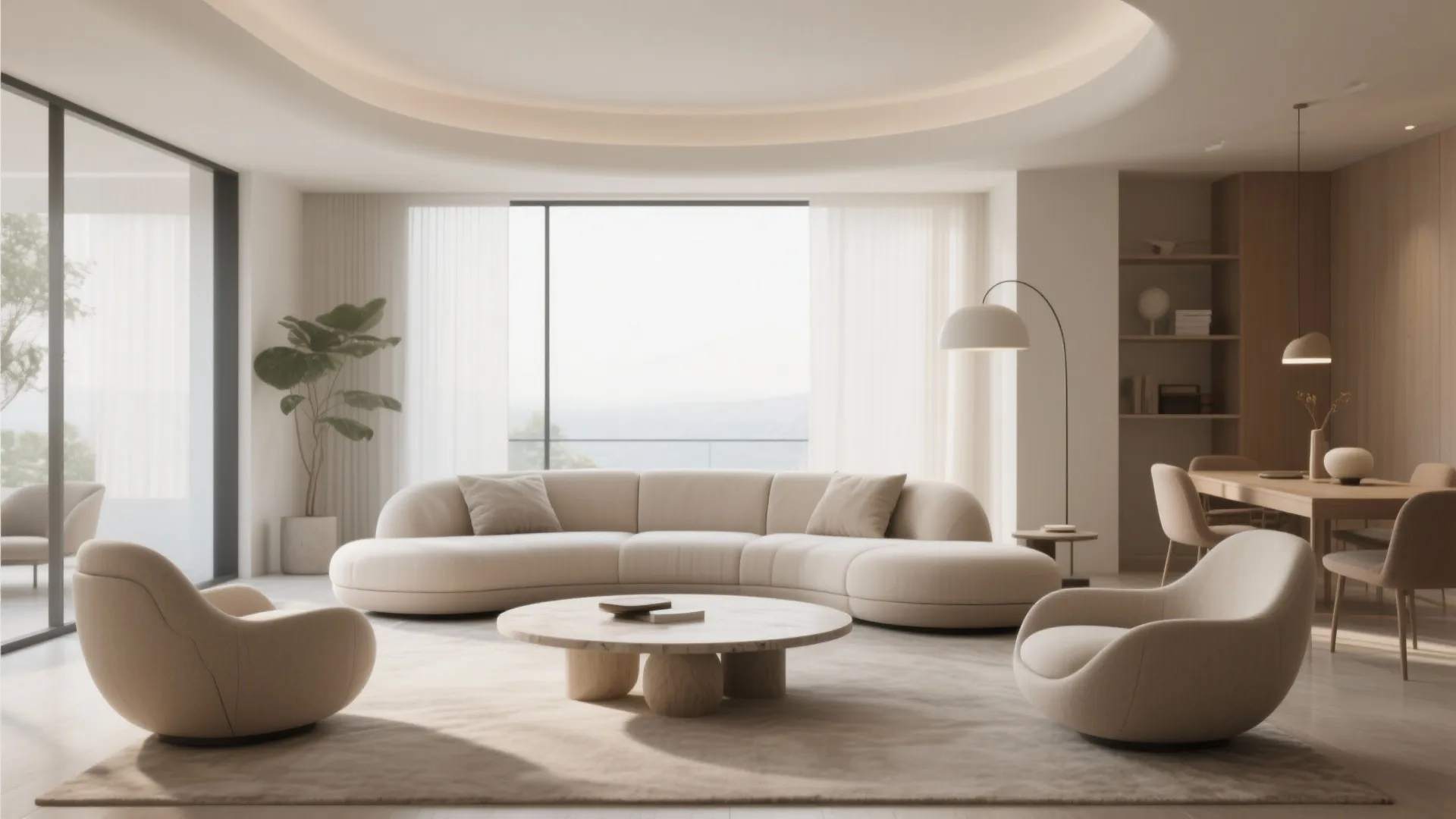 Curved sofa and round table in modern organic living room